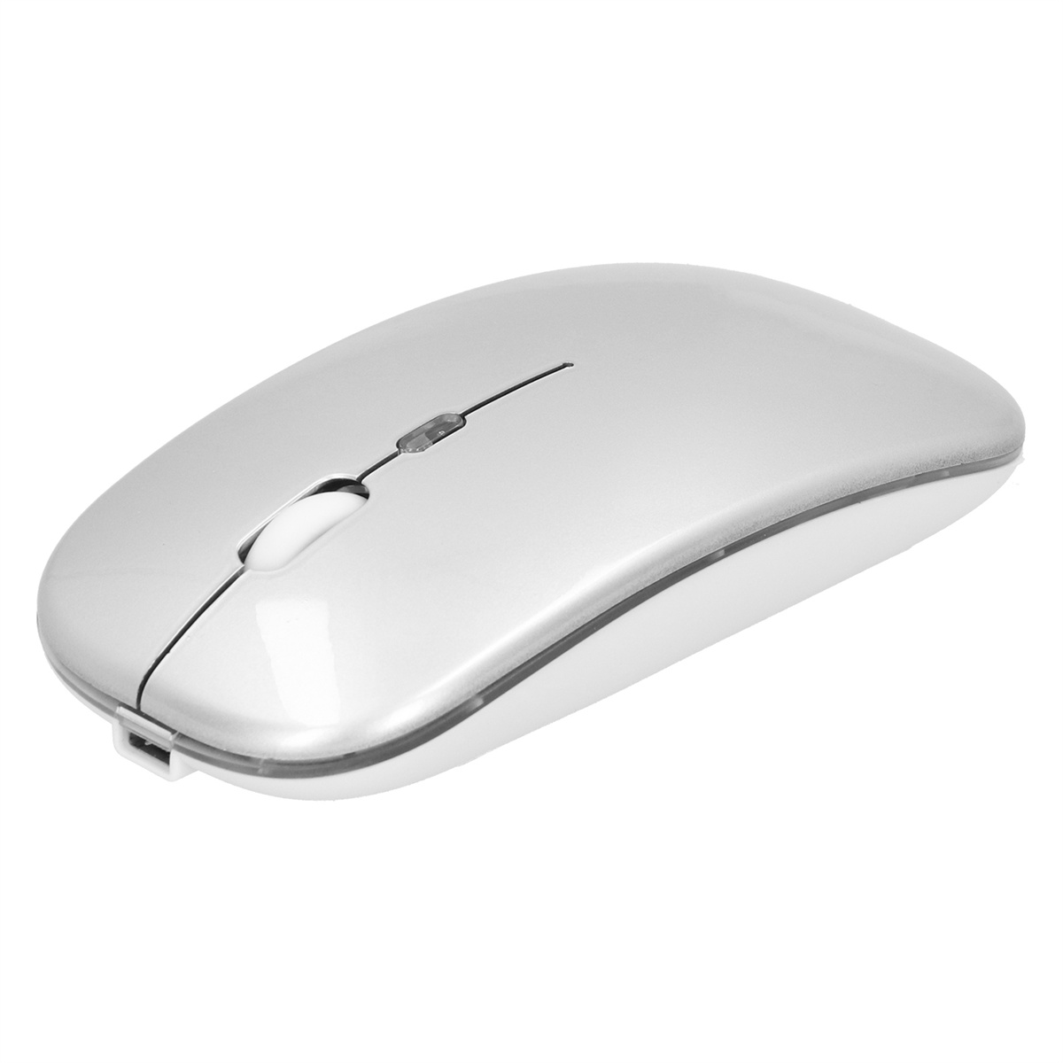 Silberne Computermaus mit weißer mittlerer Taste. Weißer Hintergrund.