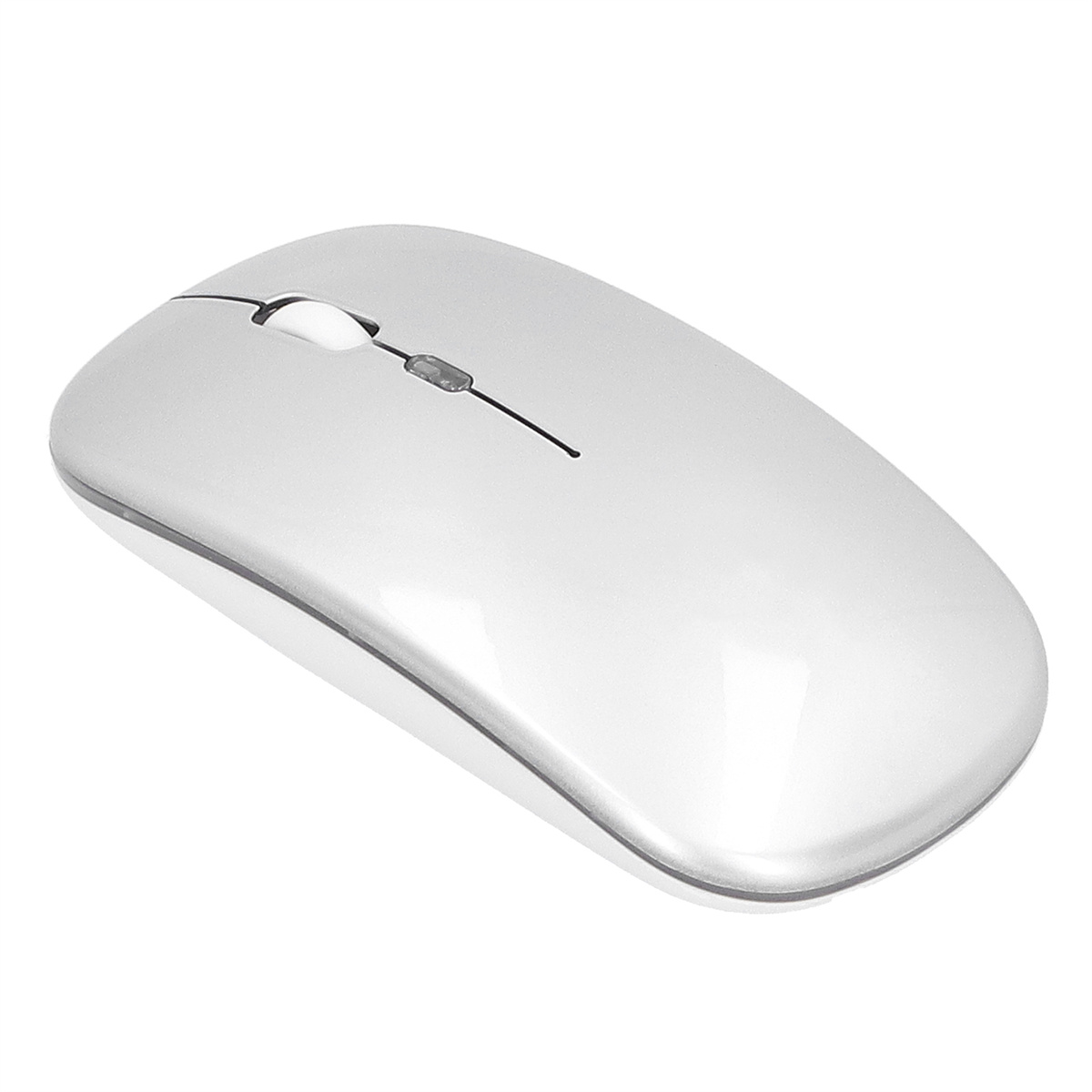 Eine weiße Computermaus. Sie hat ein geschwungenes Design, ein Scrollrad und eine glatte, reflektierende Oberfläche.