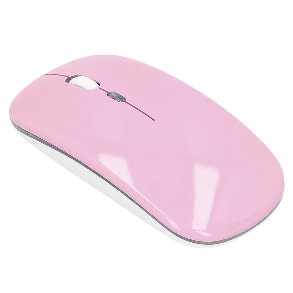 Rosa kabellose Maus mit weißem Scrollrad und grauem Sockel, auf weißer Oberfläche.