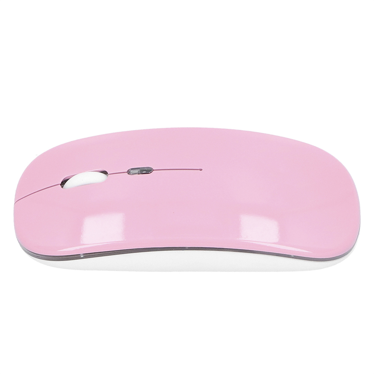 Eine rosa Computermaus mit weißem Scrollrad und weißem Sockel auf weißem Hintergrund.