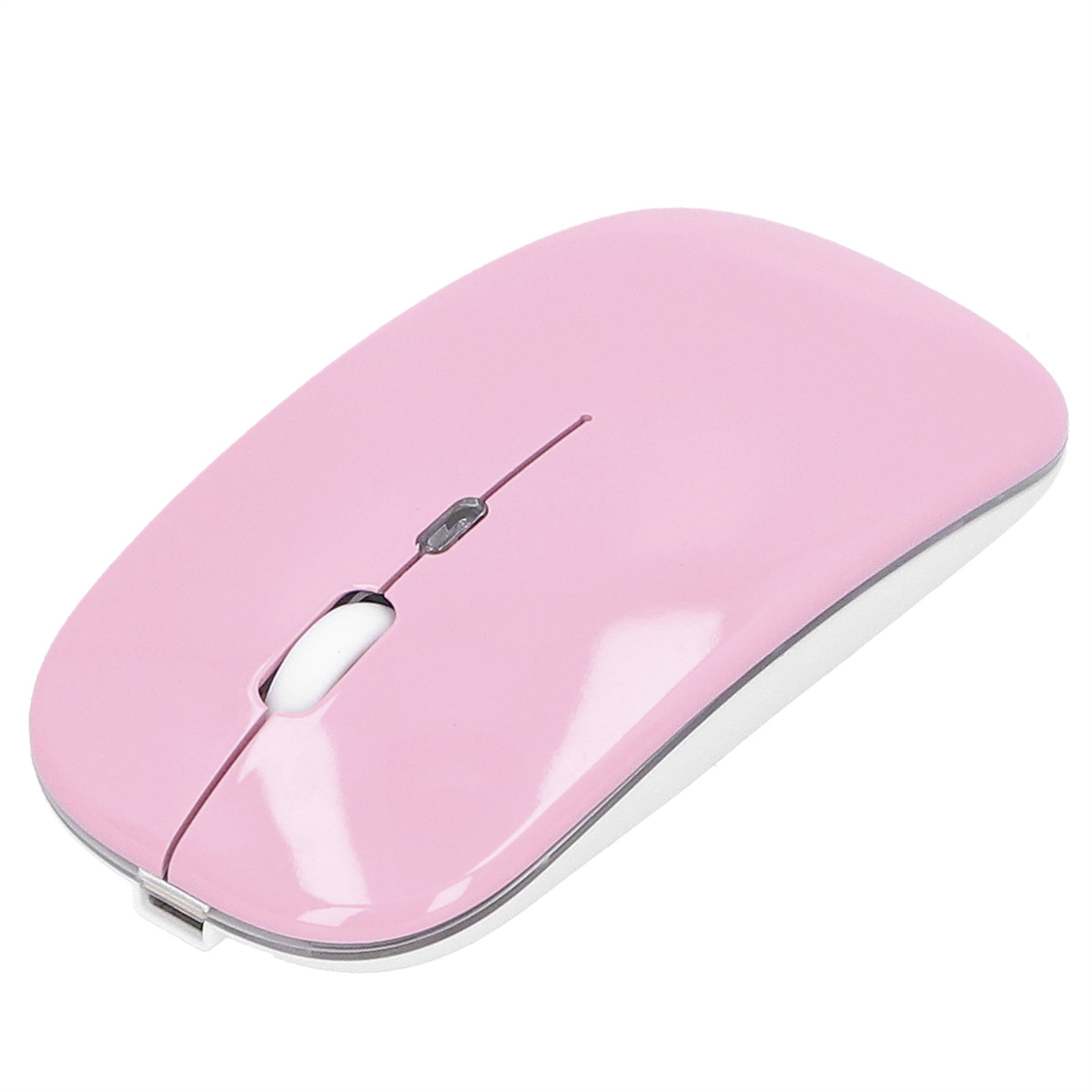 Rosa kabellose Maus mit weißem Scrollrad und USB-Ladeanschluss.