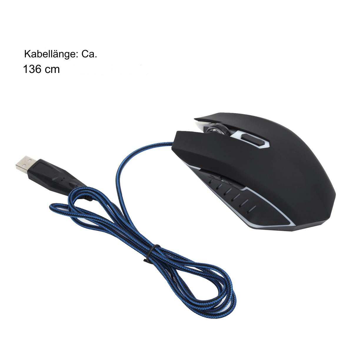Schwarze Gaming-Maus mit blauem und schwarzem Kabel. Kabellänge: ca. 136 cm.
