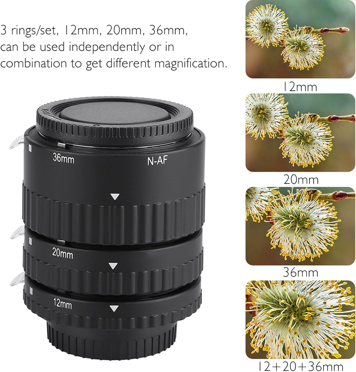 Ein Satz schwarzer Makro-Zwischenringe mit Nahaufnahmen einer Blume.