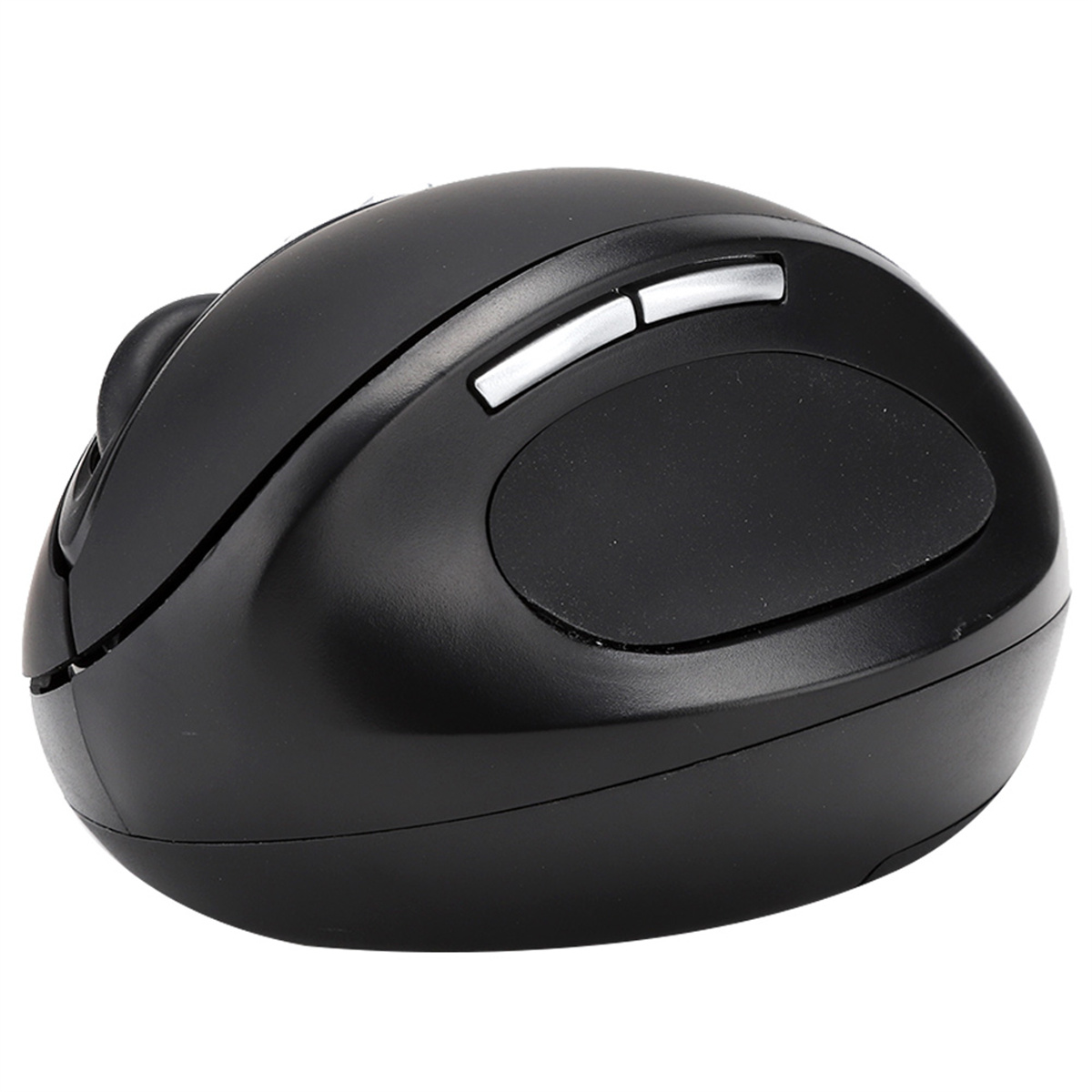 Eine schwarze ergonomische Maus mit zwei Tasten.