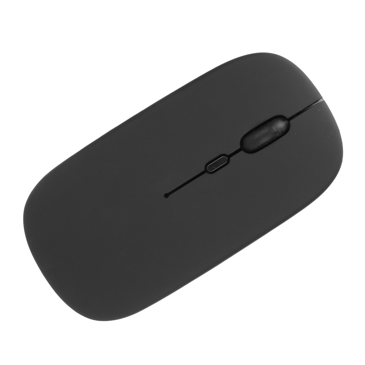 Eine schwarze kabellose Maus. Sie ist oval geformt und hat ein Scrollrad und eine Taste.