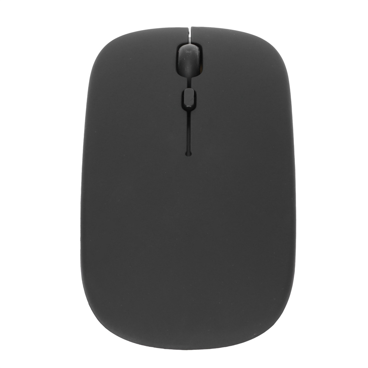Eine schwarze, kabellose Maus mit Scrollrad und einem schlanken, minimalistischen Design.