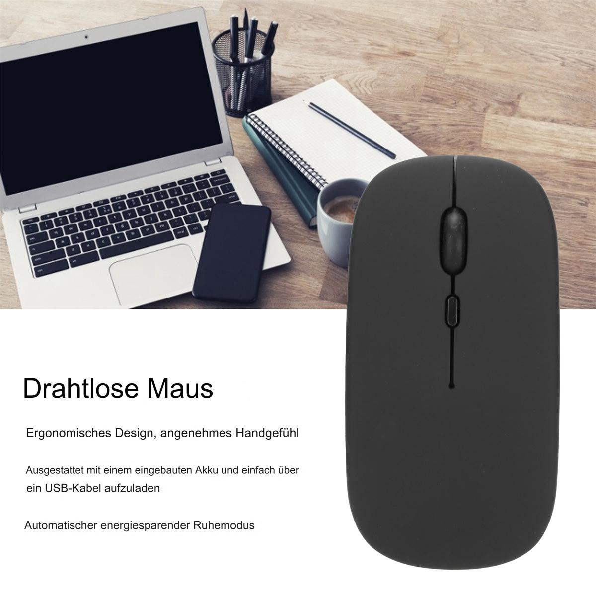 Schwarze Computermaus mit Laptop, Telefon, Notizbuch und Tasse.