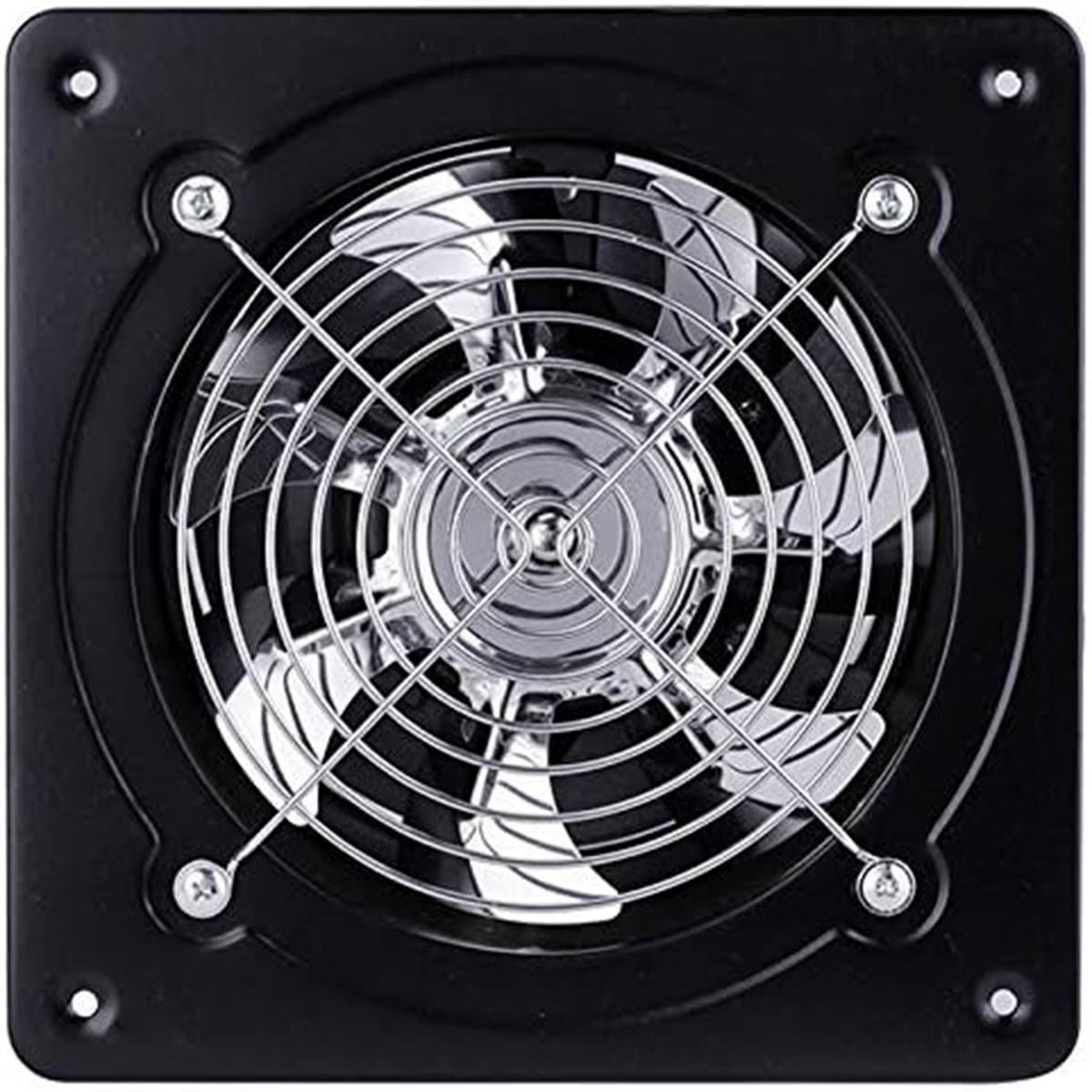 Schwarzer quadratischer Ventilator mit Schutzgitter und zentralen Flügeln.