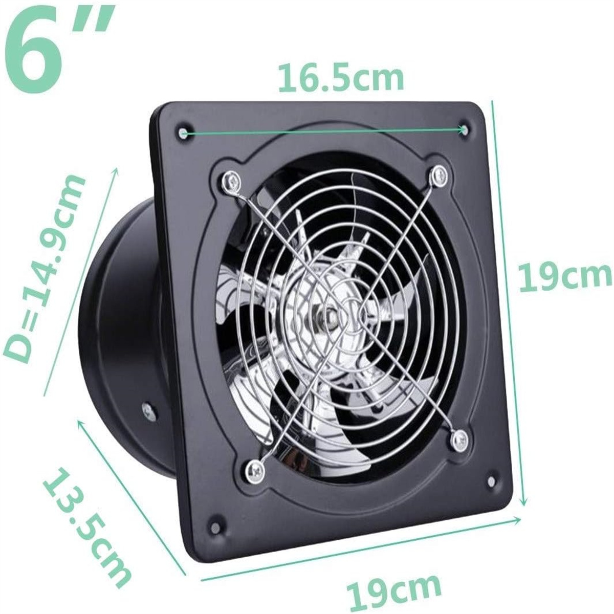 Ein quadratischer Ventilator mit Abmessungen. Schwarze Farbe, mit Schutzgitter.