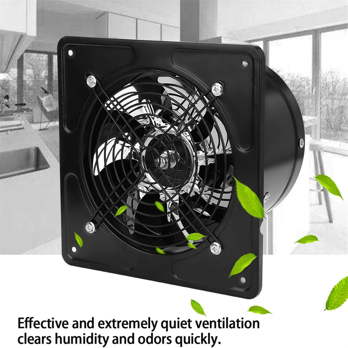 Quadratischer schwarzer Ventilator mit Flügeln. Grüne Blätter sind um den Ventilator verstreut.