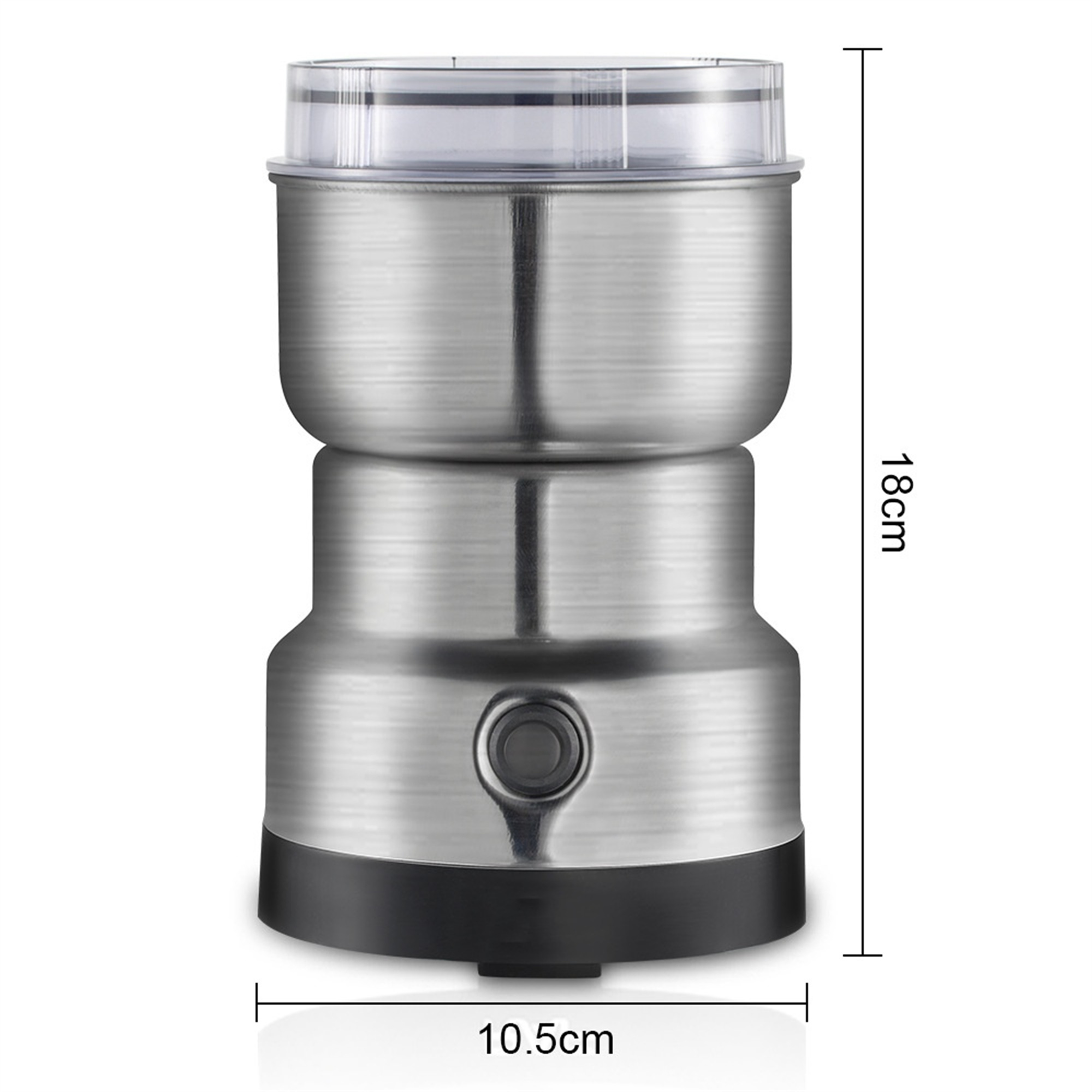Silber- und schwarze Kaffeemühle mit Abmessungen von 18 cm Höhe und 10,5 cm Breite.