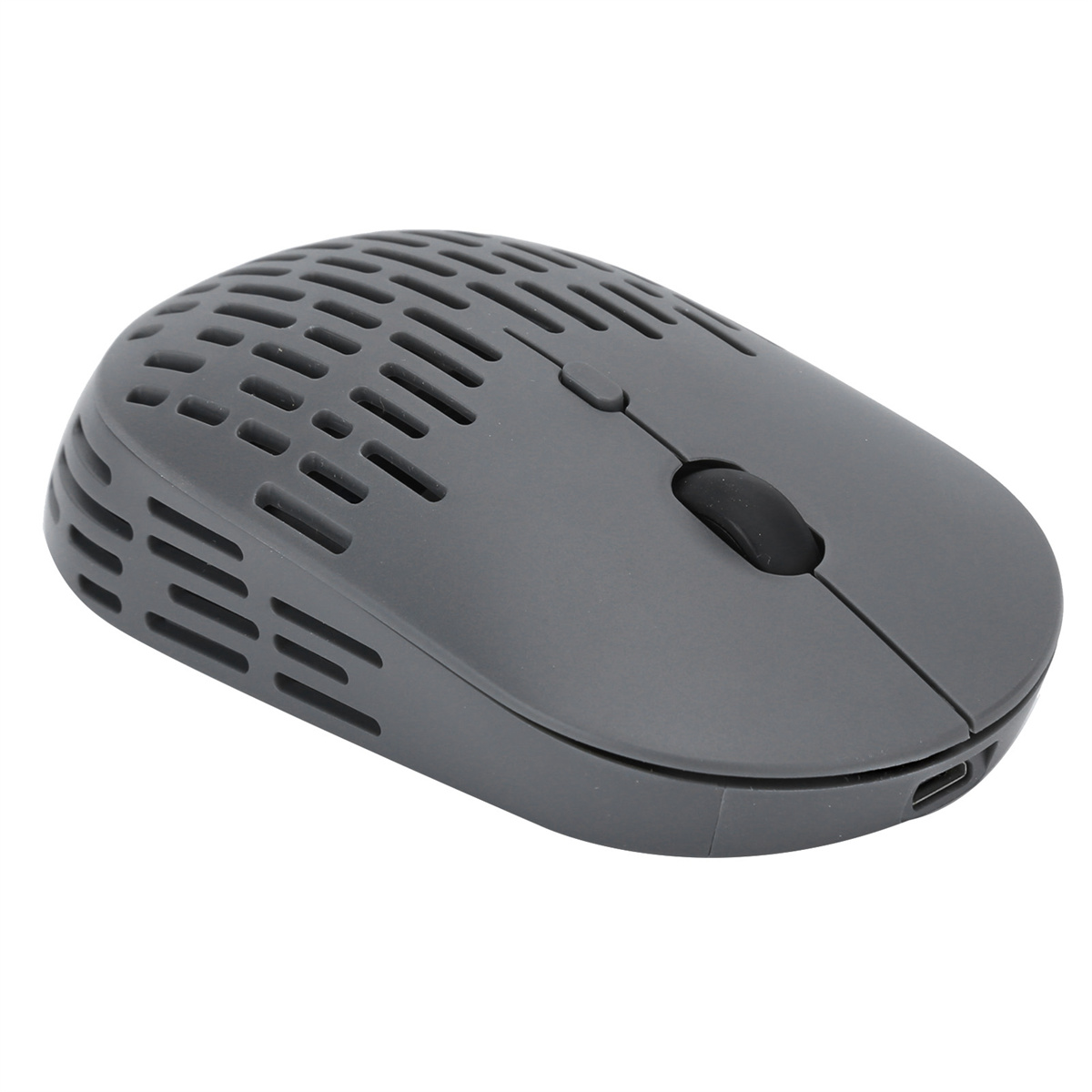Eine graue, ergonomische Computermaus mit gitterartigem Design und Scrollrad.