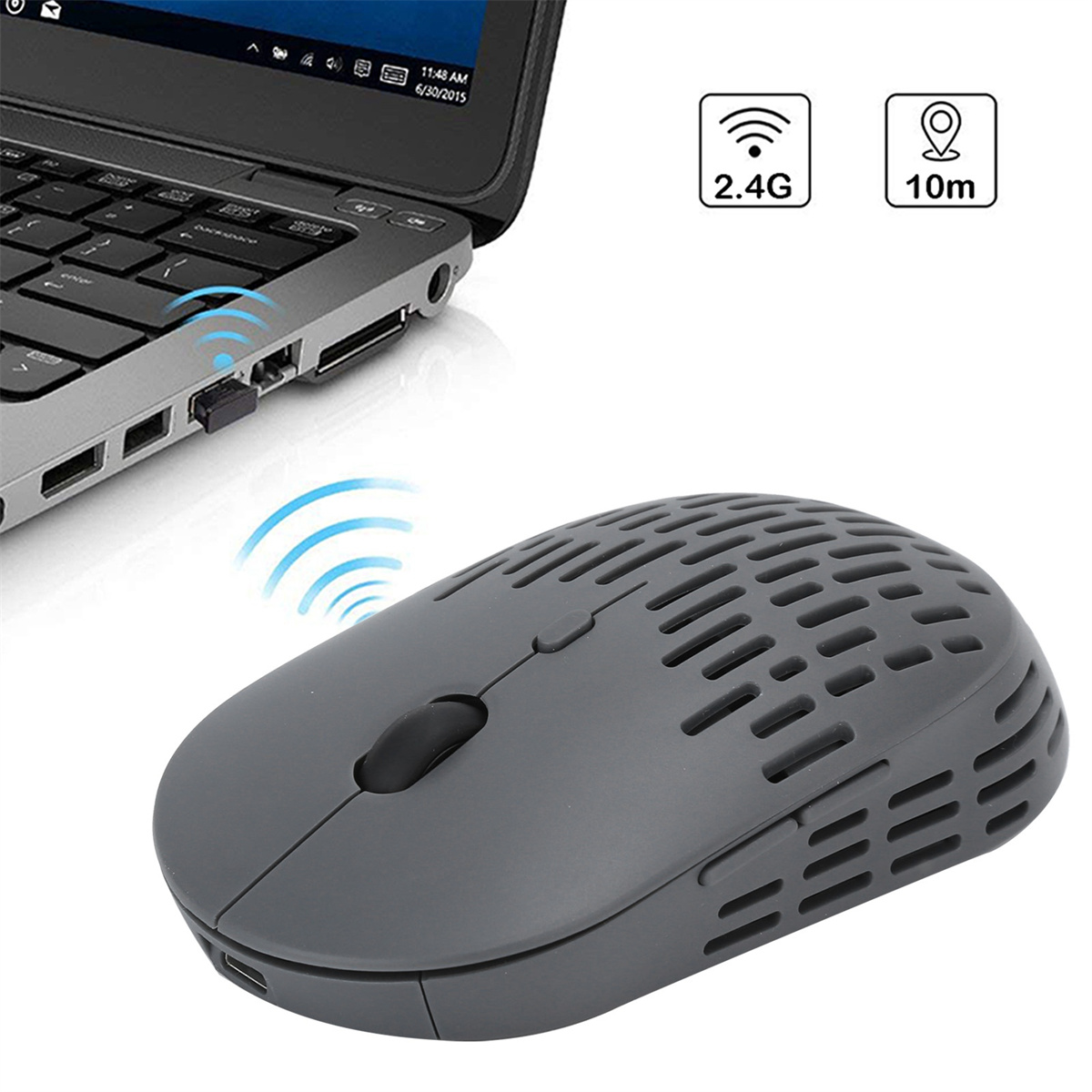 Eine graue kabellose Maus neben einem Laptop, mit 2,4G- und 10m-Symbolen.