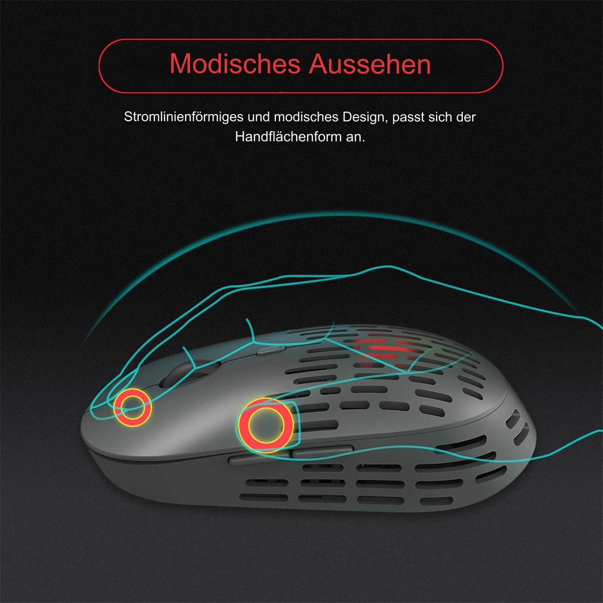Eine graue ergonomische Maus mit roten und gelben Akzenten. Das Bild zeigt die Maus und ihr Design.