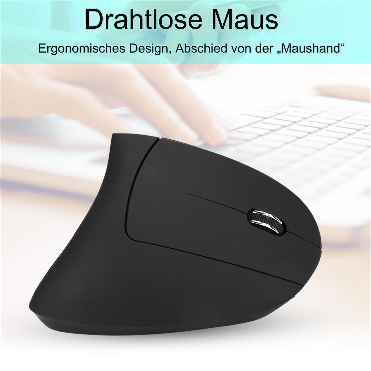 Eine schwarze ergonomische vertikale Maus. Ein Scrollrad ist vorhanden. Die Maus befindet sich in der Nähe eines verschwommenen Hintergrunds.