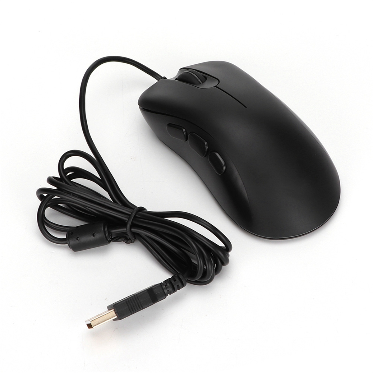 Eine schwarze Computermaus mit schwarzem Kabel. Sie hat Tasten und ein Scrollrad.