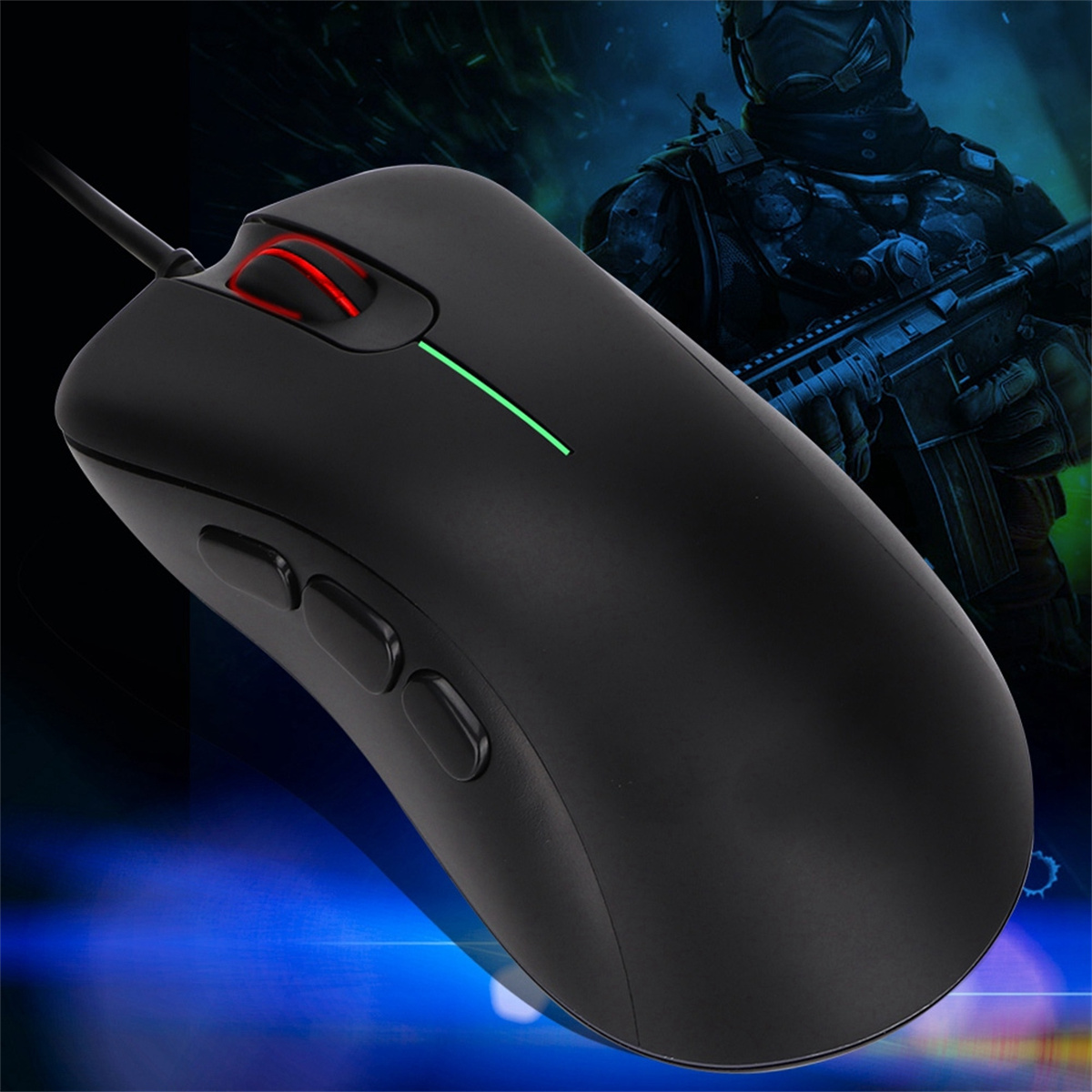 Schwarze Gaming-Maus mit roten und grünen Lichtern. Sie hat Tasten an der Seite und oben.