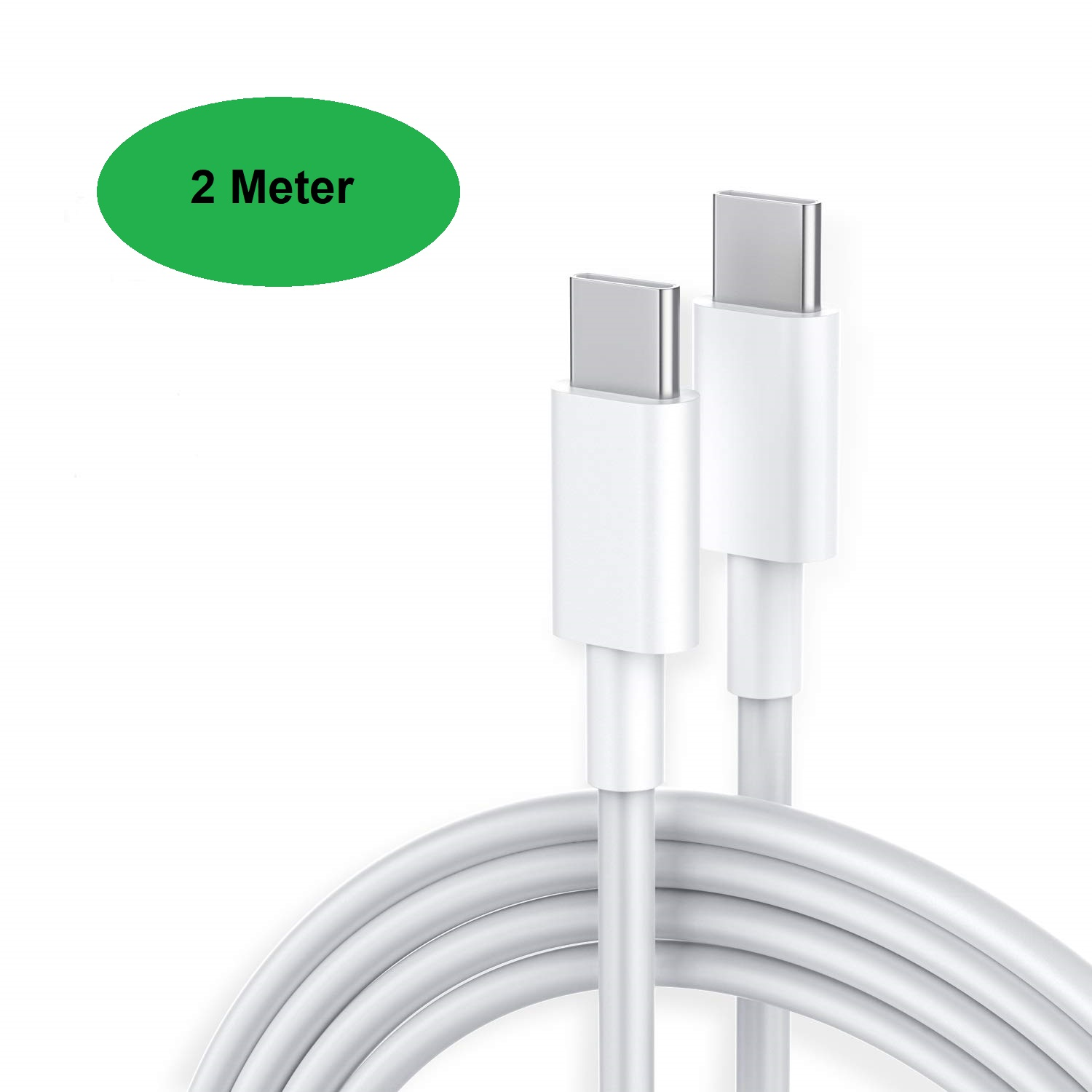 Zwei weiße USB-C-Kabel. Grünes ovales Etikett mit "2 Meter".