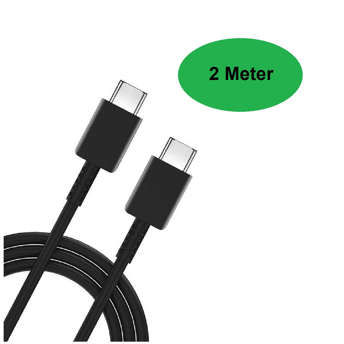 Zwei USB-C-Kabel mit Steckern. Ein grünes Oval sagt „2 Meter“.