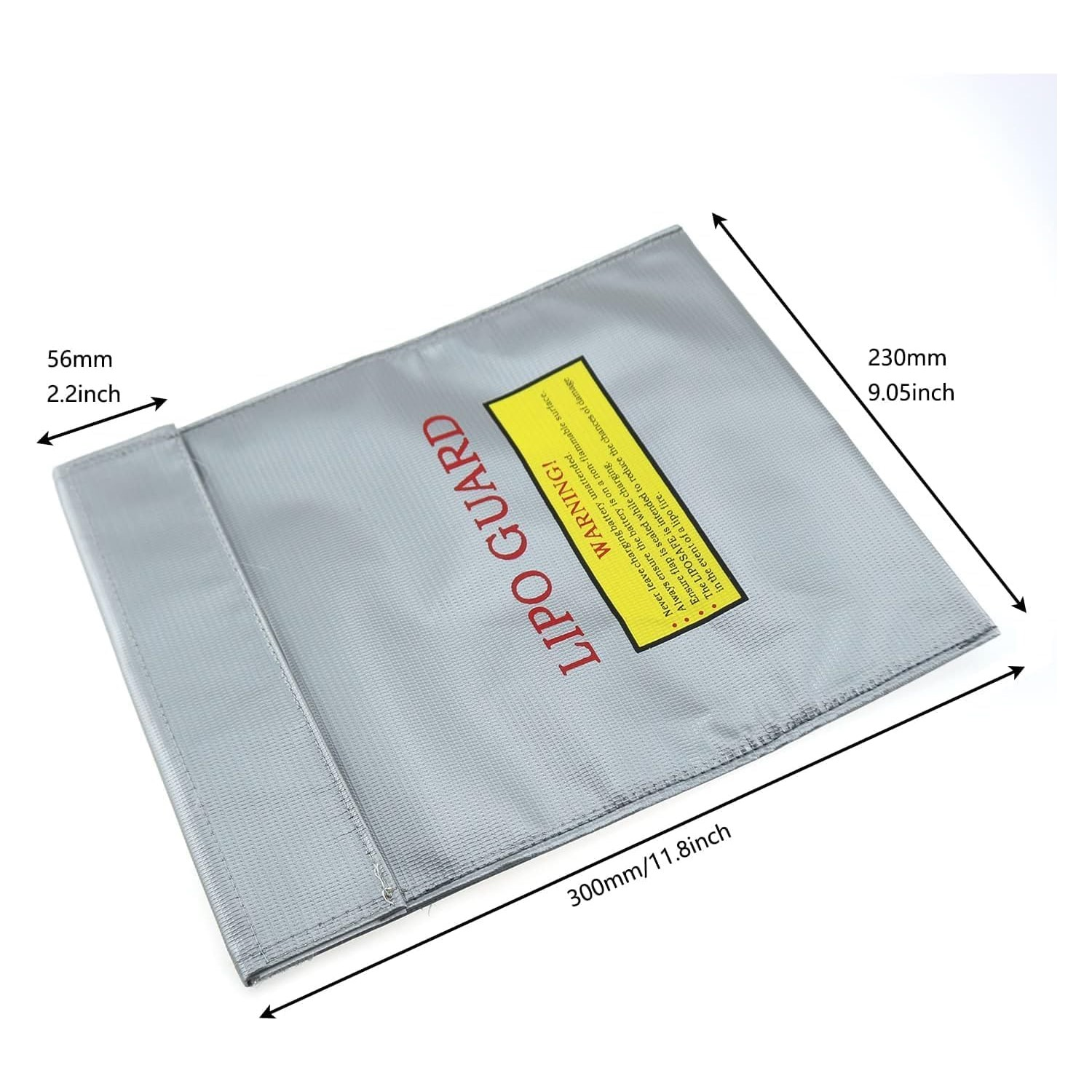 Silberne Lipo Guard-Tasche mit Warnhinweis, Abmessungen in mm und Zoll.