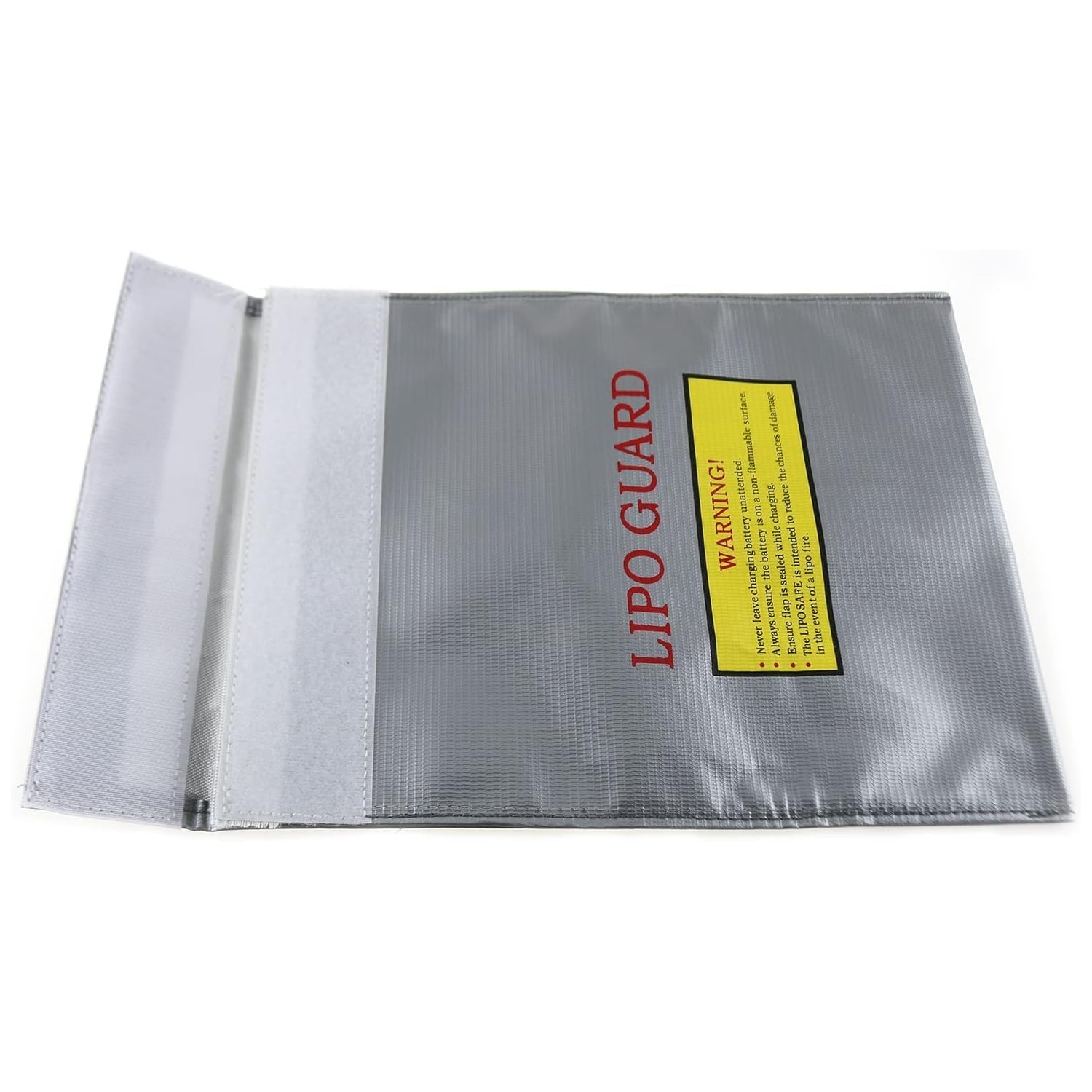 Eine silberne LIPO GUARD-Tasche, geöffnet, mit einem Warnhinweis. Weißer Hintergrund.