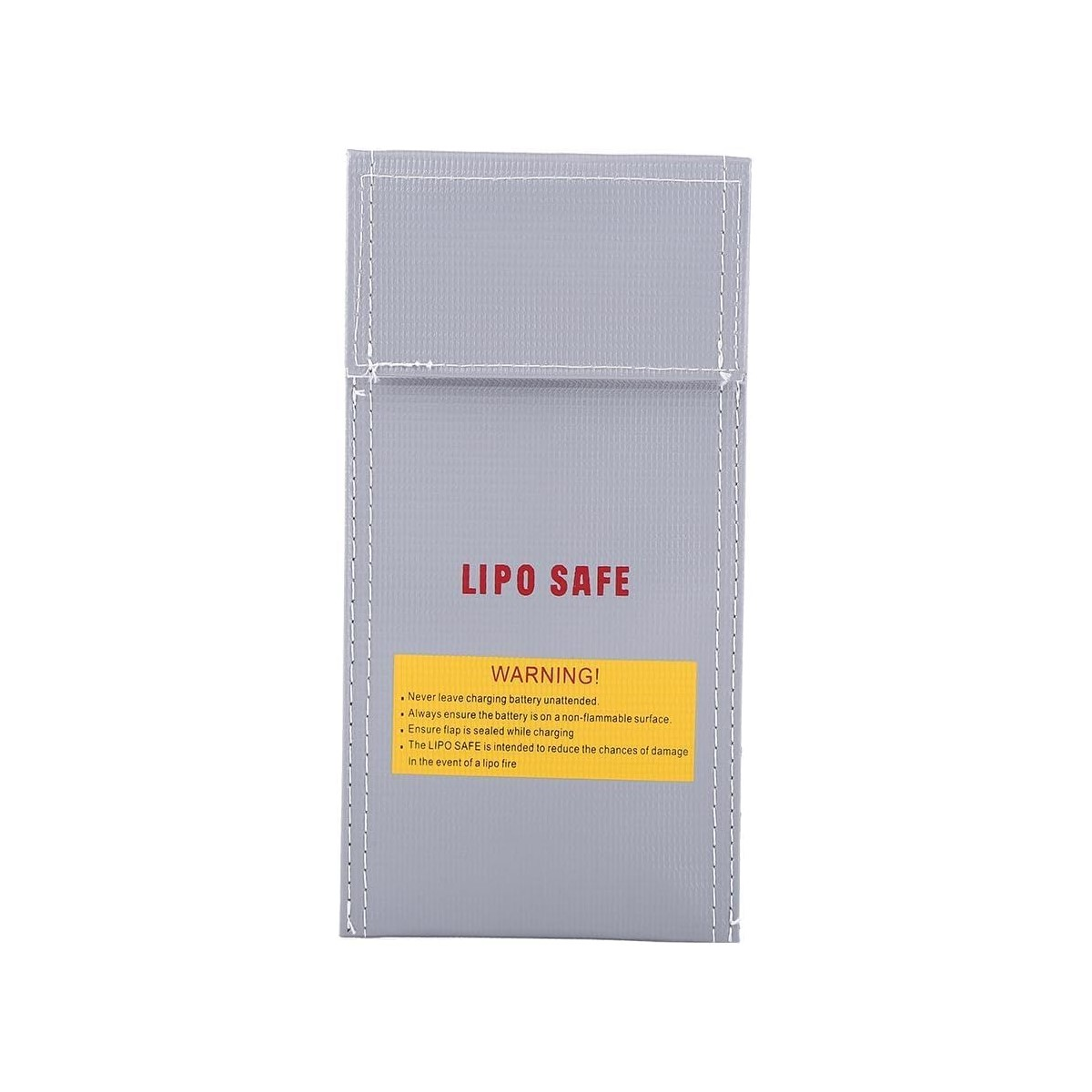 Graue Lipo Safe Tasche mit Warntext und gelbem Etikett. Weißer Hintergrund.