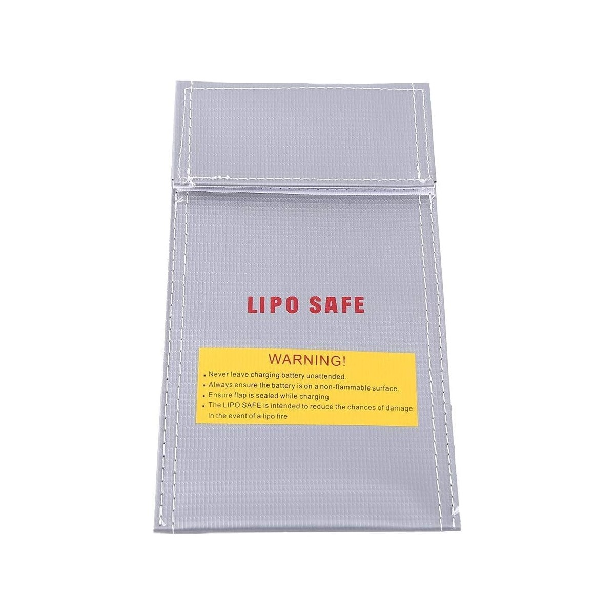 Eine graue LIPO SAFE-Tasche mit Warnhinweisen in Gelb.