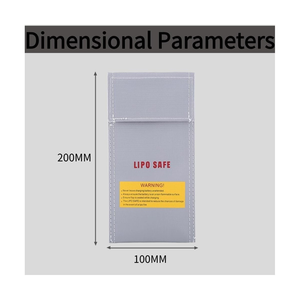 Graue LIPO SAFE Tasche mit den Maßen 200x100mm und einem Warnhinweis.
