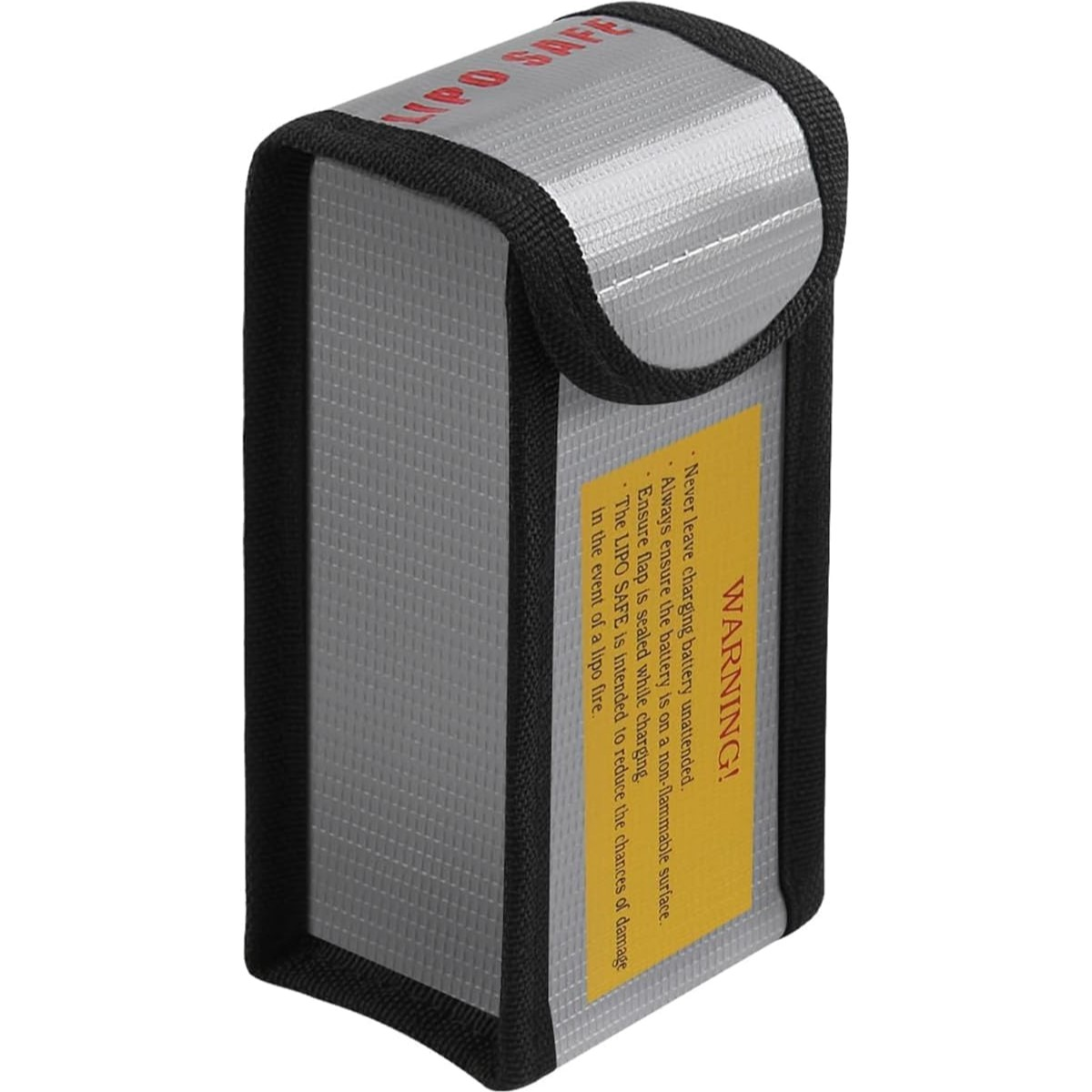 Silber-schwarze LiPo-Batterie-Sicherheitsbeutel mit Warnhinweis. Schwarze Verkleidung. Weißer Hintergrund.