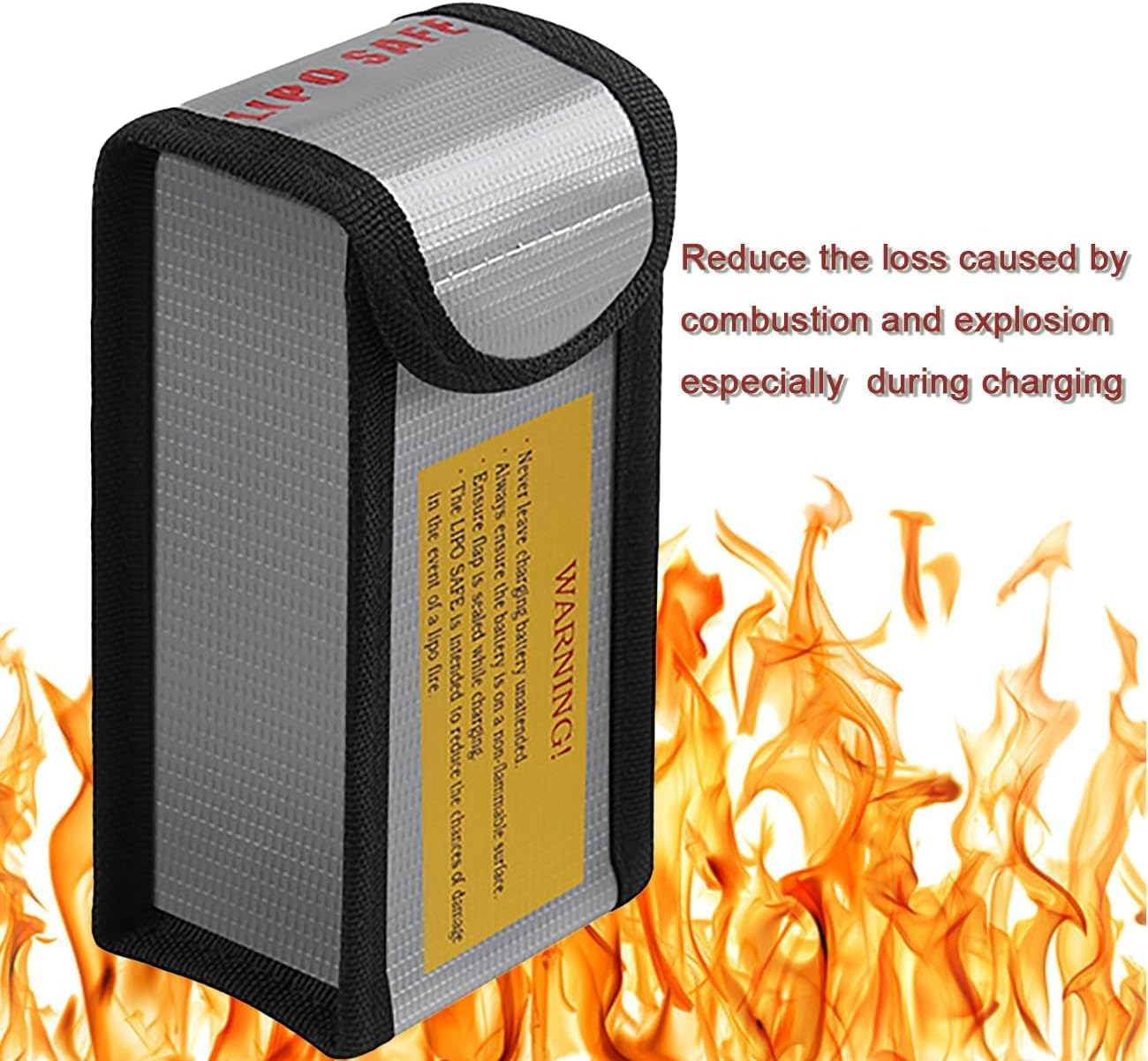 Lipo Safe Tasche mit Warnhinweis vor Feuer, mit Flammen im Hintergrund.
