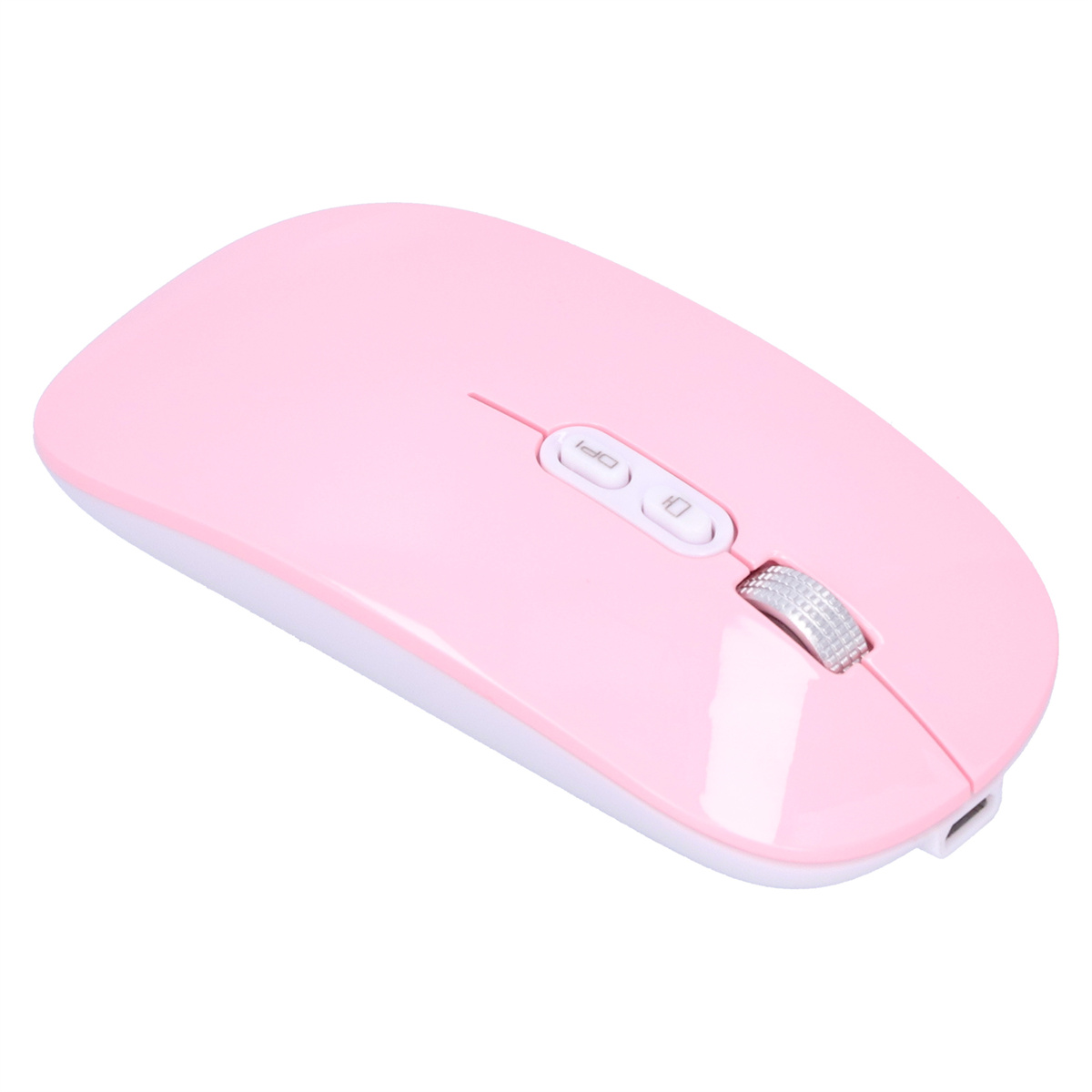 Eine rosa kabellose Maus mit zwei Tasten und einem Scrollrad auf weißer Oberfläche.