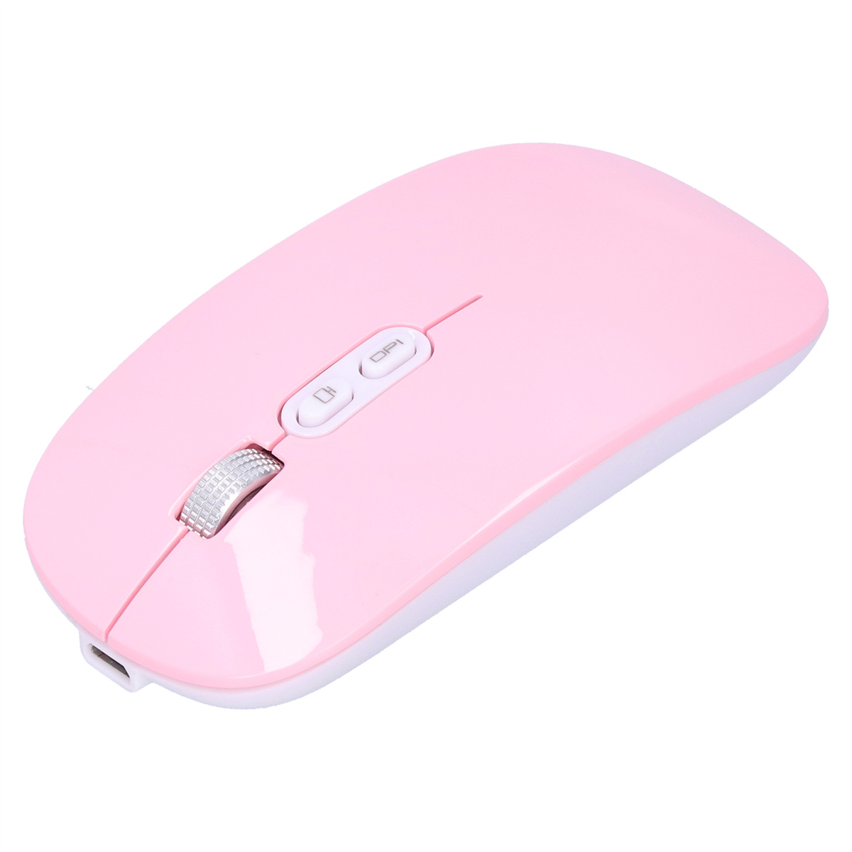 Drahtlose Computermaus in Pink mit zwei Tasten und einem Scrollrad. Sie befindet sich auf einer weißen Oberfläche.