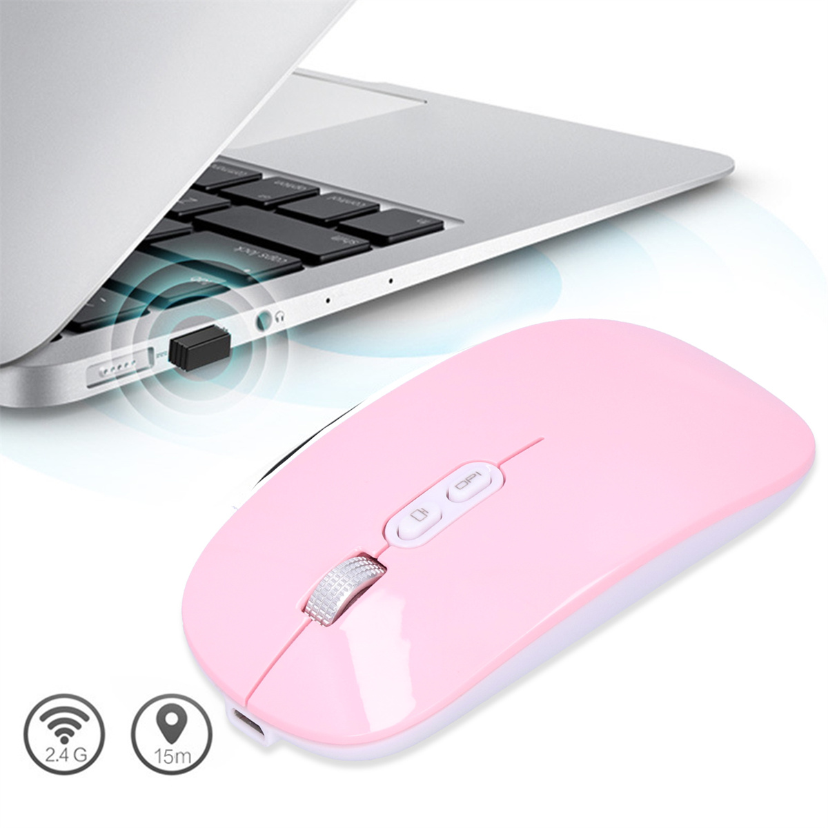 Eine rosa kabellose Maus in der Nähe eines Laptops und eines USB-Empfängers. Hat 2 Tasten und ein Scrollrad.