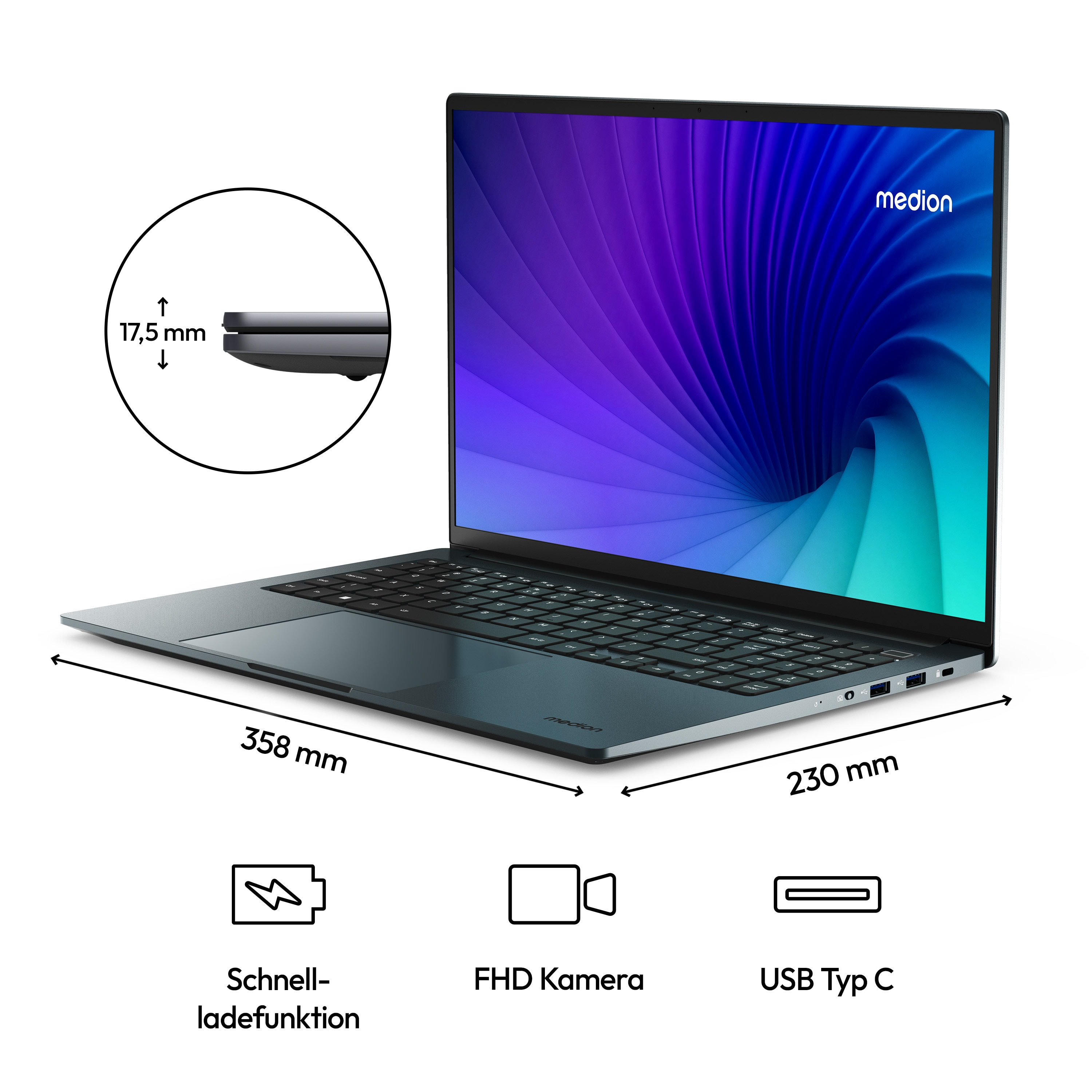 Laptop, Abmessungen gezeigt. Merkmale: Schnellladen, FHD-Kamera, USB Typ C. Metallische Farbe.