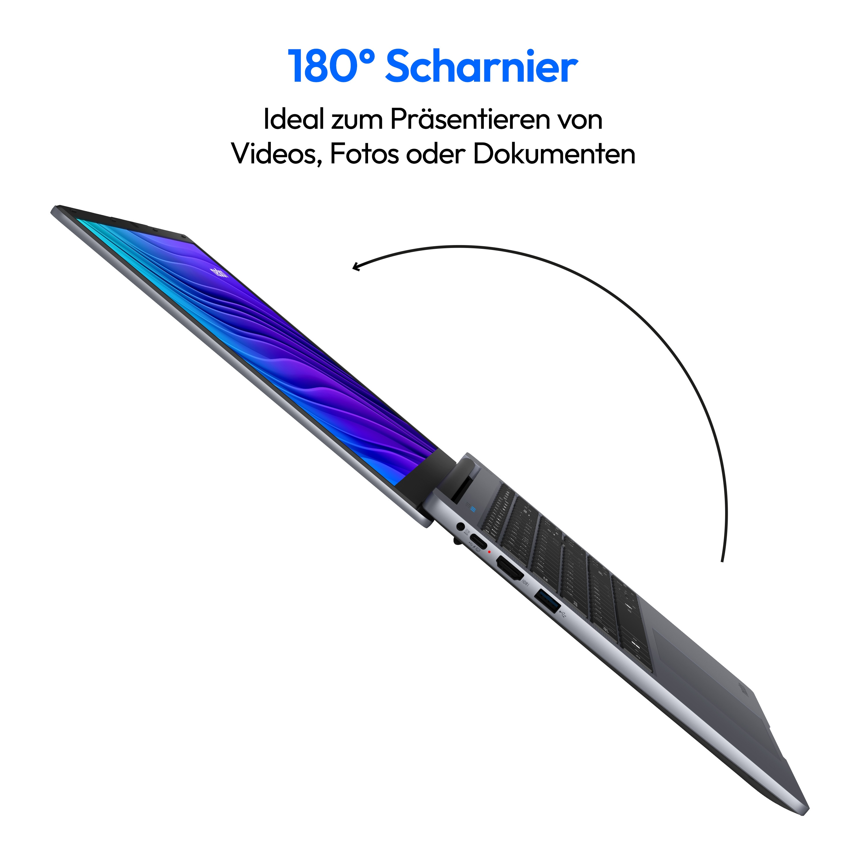 Ein Laptop ist geöffnet und zeigt einen Bildschirm. Der Text lautet 180° Scharnier und ideal für Videos.