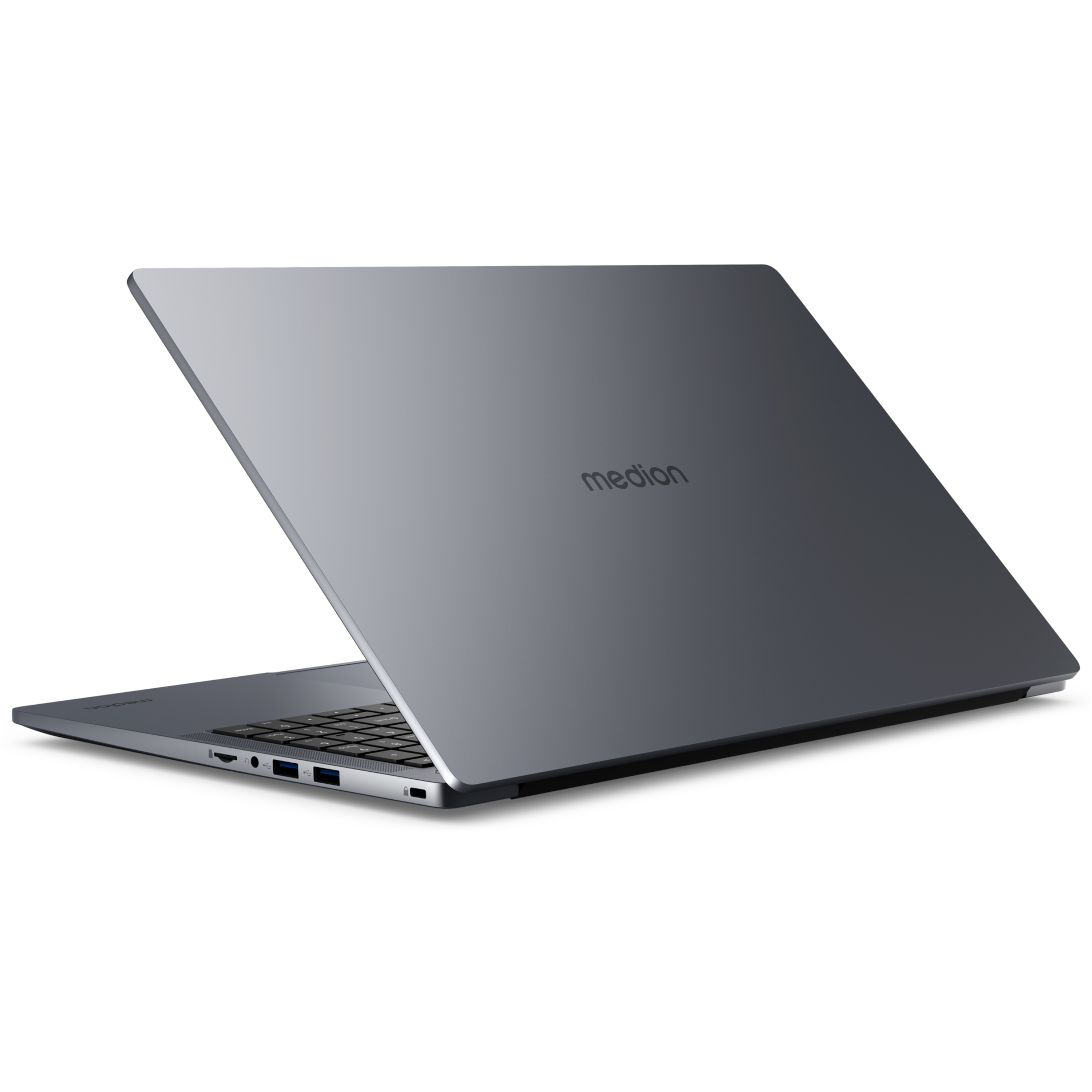 Laptop-Computer, graue Farbe, leicht geöffnet, zeigt die Tastatur.