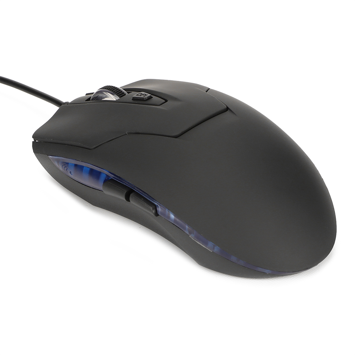 Schwarze Computermaus. Sie hat ein Scrollrad, eine DPI-Taste und Seitentasten mit blauem Licht.