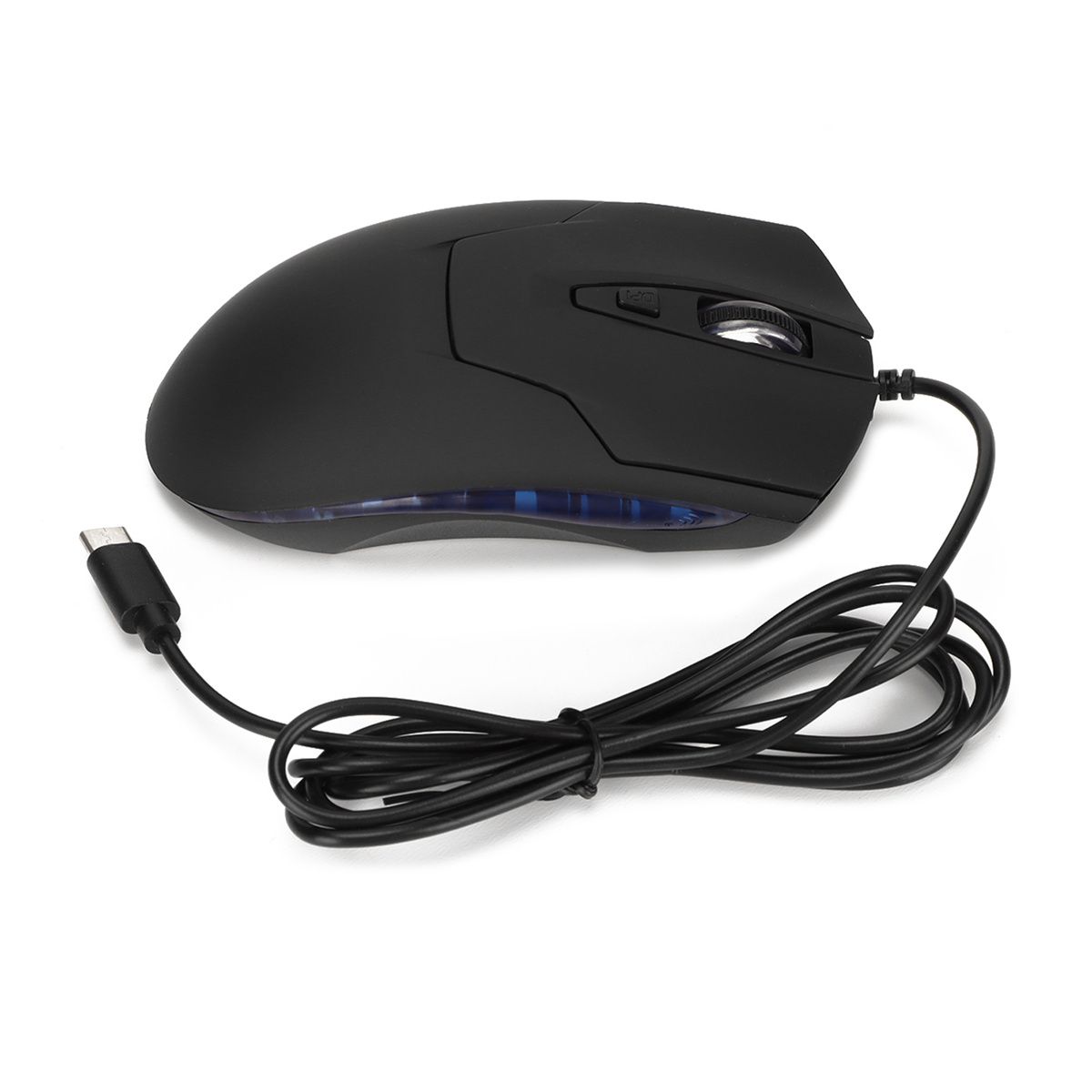 Schwarze kabelgebundene Gaming-Maus mit USB-C-Anschluss, von oben betrachtet, auf weißem Hintergrund.