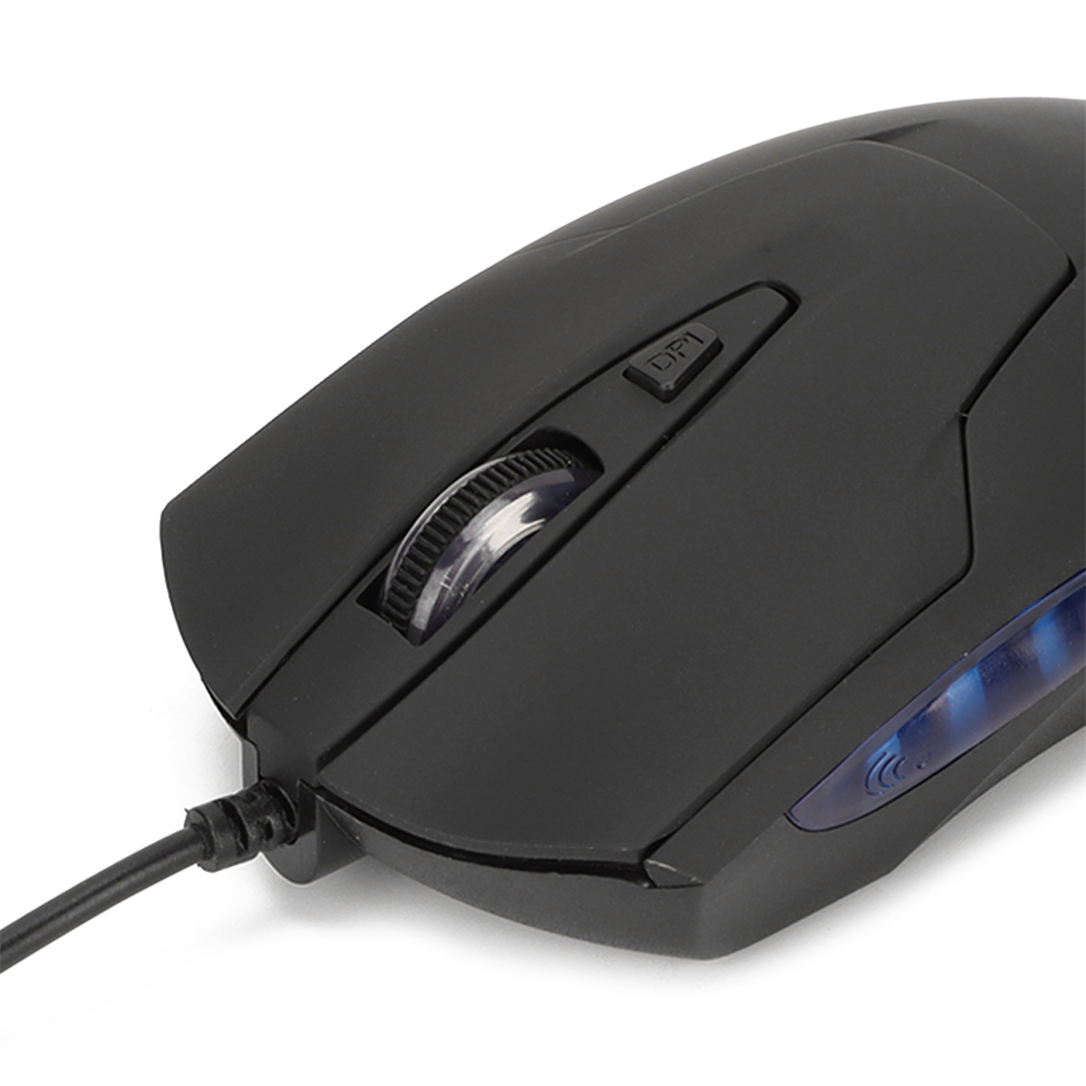 Schwarze Gaming-Maus mit DPI-Taste, Scrollrad und blauer LED-Leuchte.