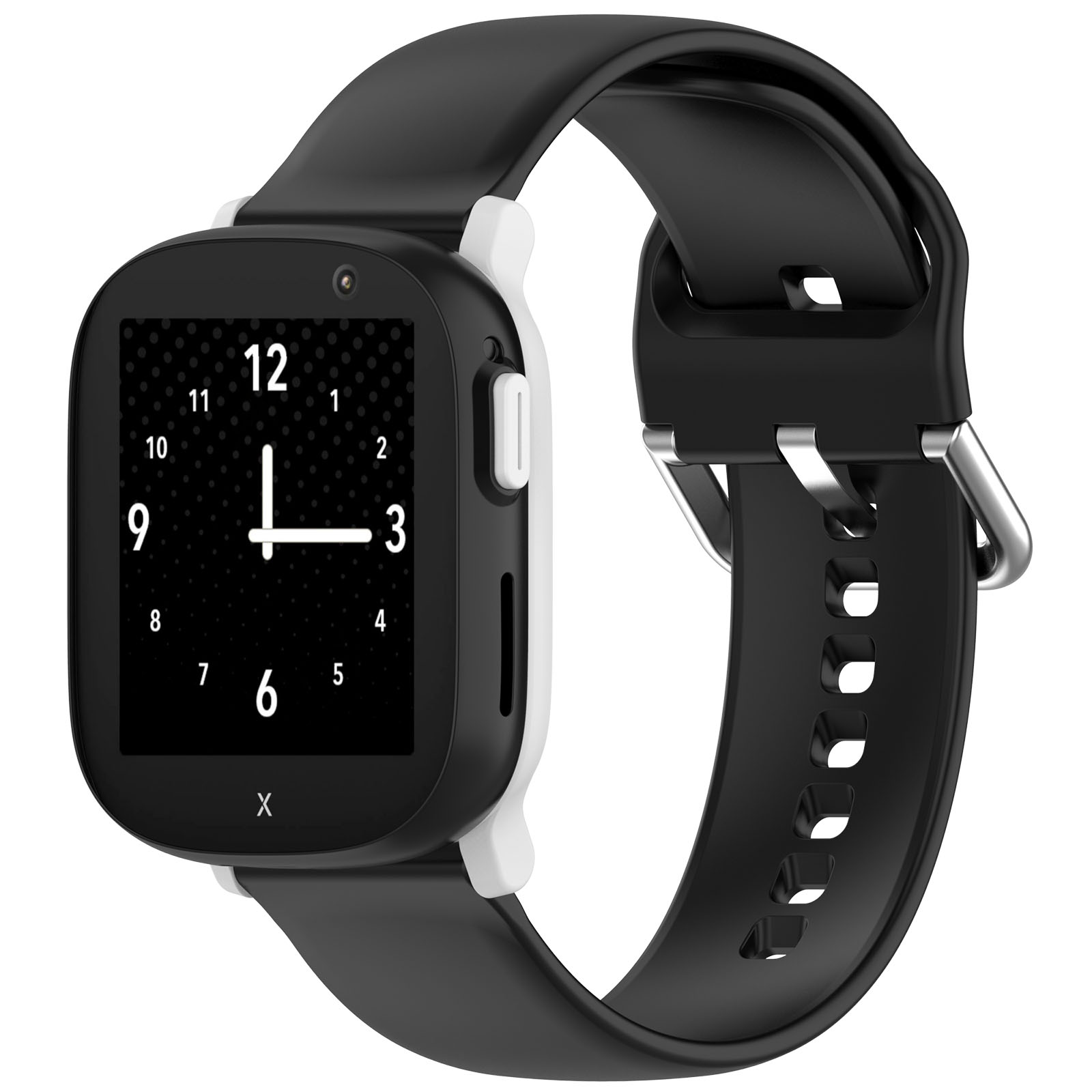 Czarno-biały smartwatch z czarnym paskiem, wyświetlający tarczę zegarka.