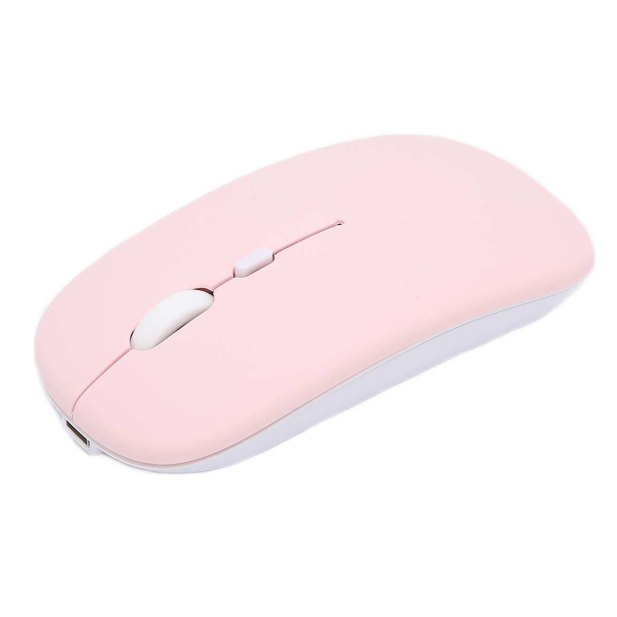 Drahtlose Computermaus in Rosa mit einem weißen Scrollrad. Sie liegt auf einer weißen Oberfläche.