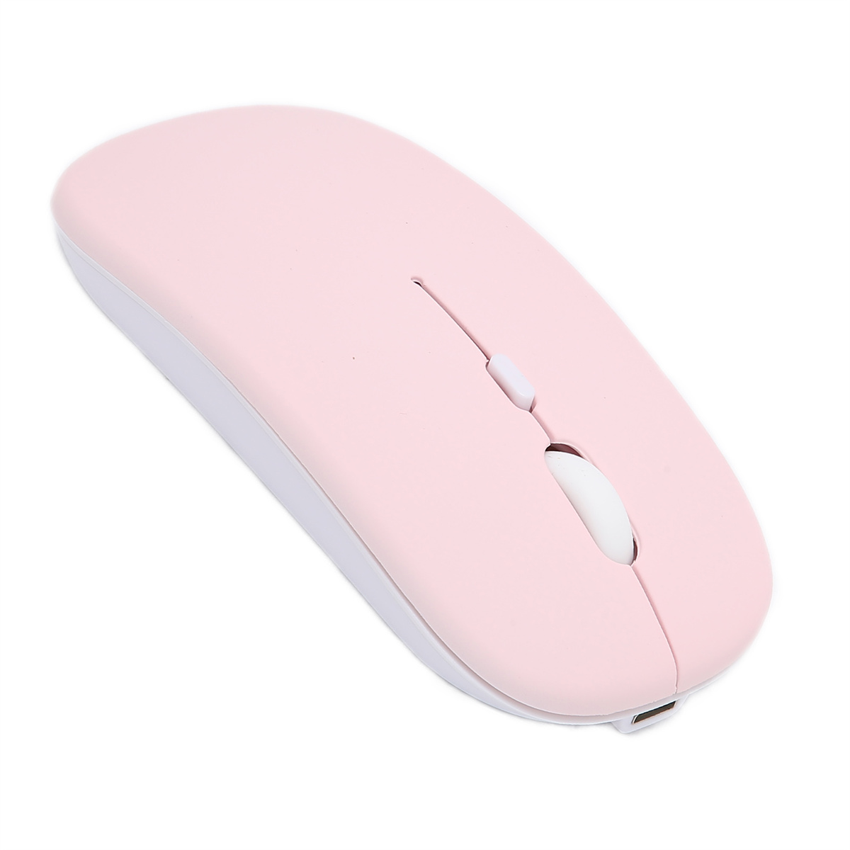 Eine rosa kabellose Maus auf einer weißen Oberfläche. Sie hat ein Scrollrad und zwei Tasten.