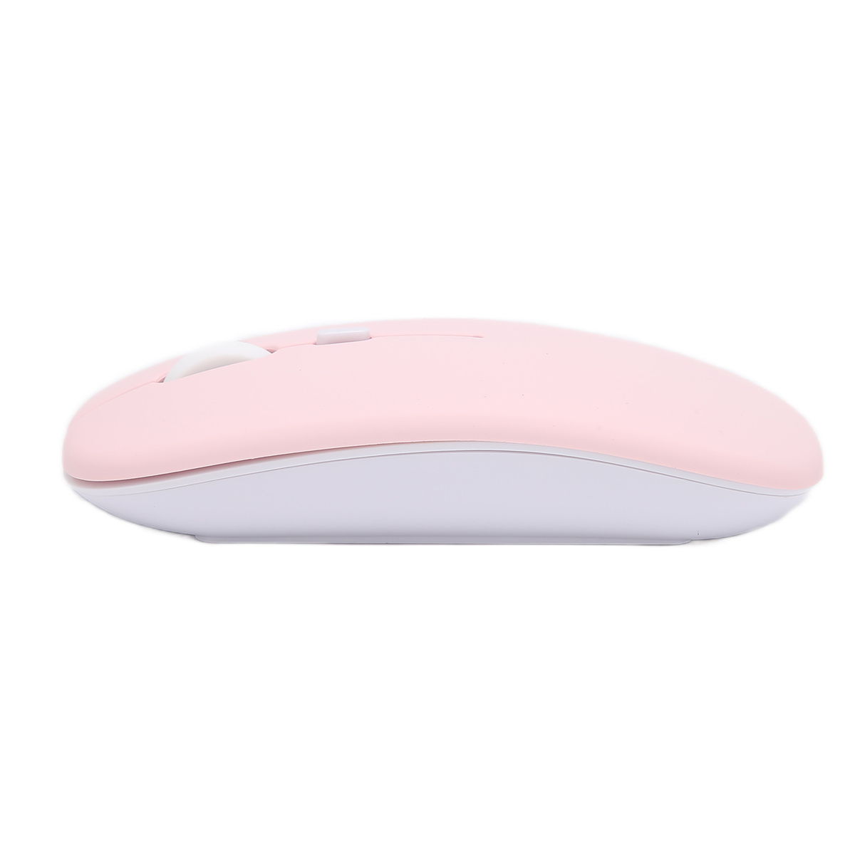 Eine rosa kabellose Computermaus mit weißer Basis und weißem Scrollrad.