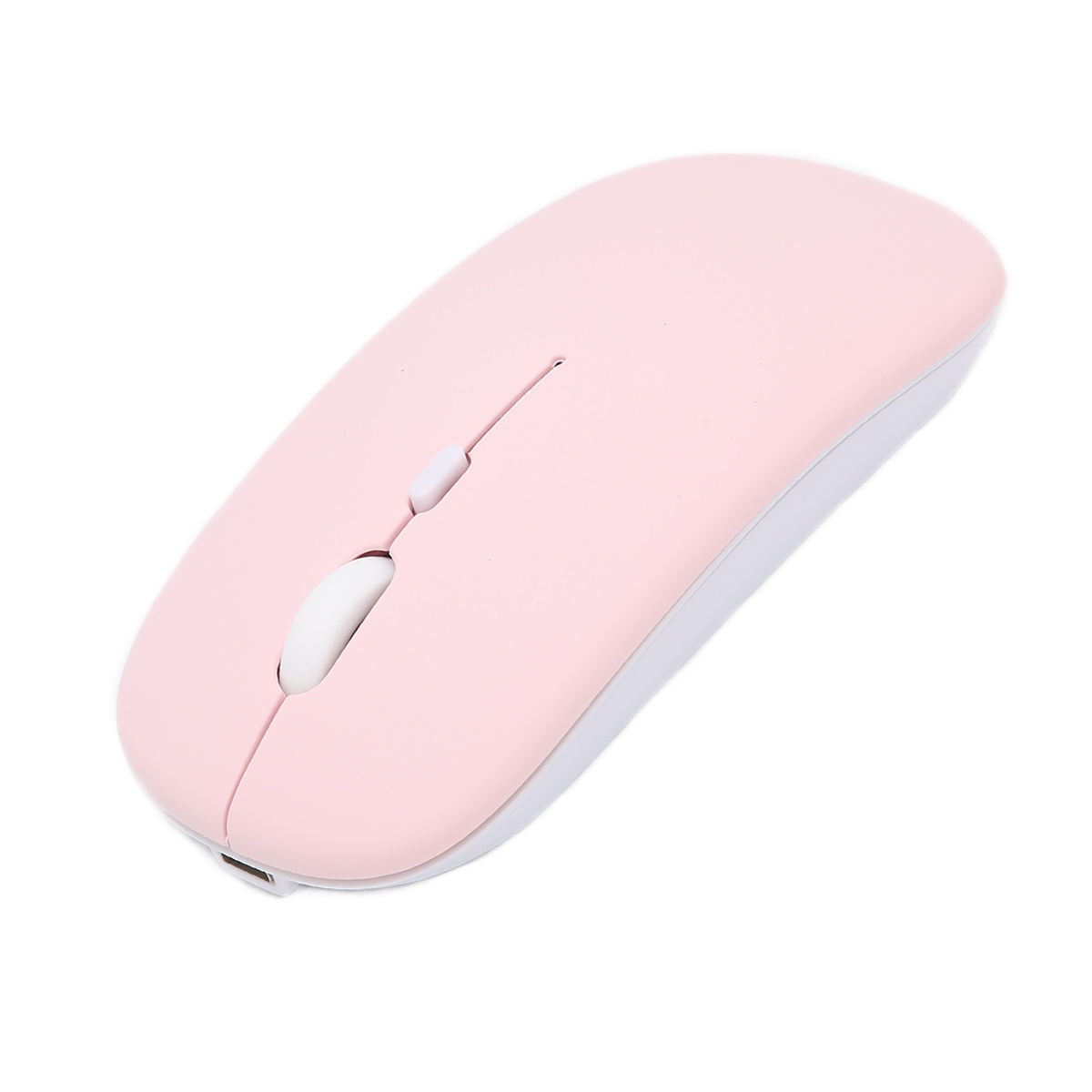 Drahtlose rosa Maus vor weißem Hintergrund. Sie hat zwei Tasten und ein Scrollrad.