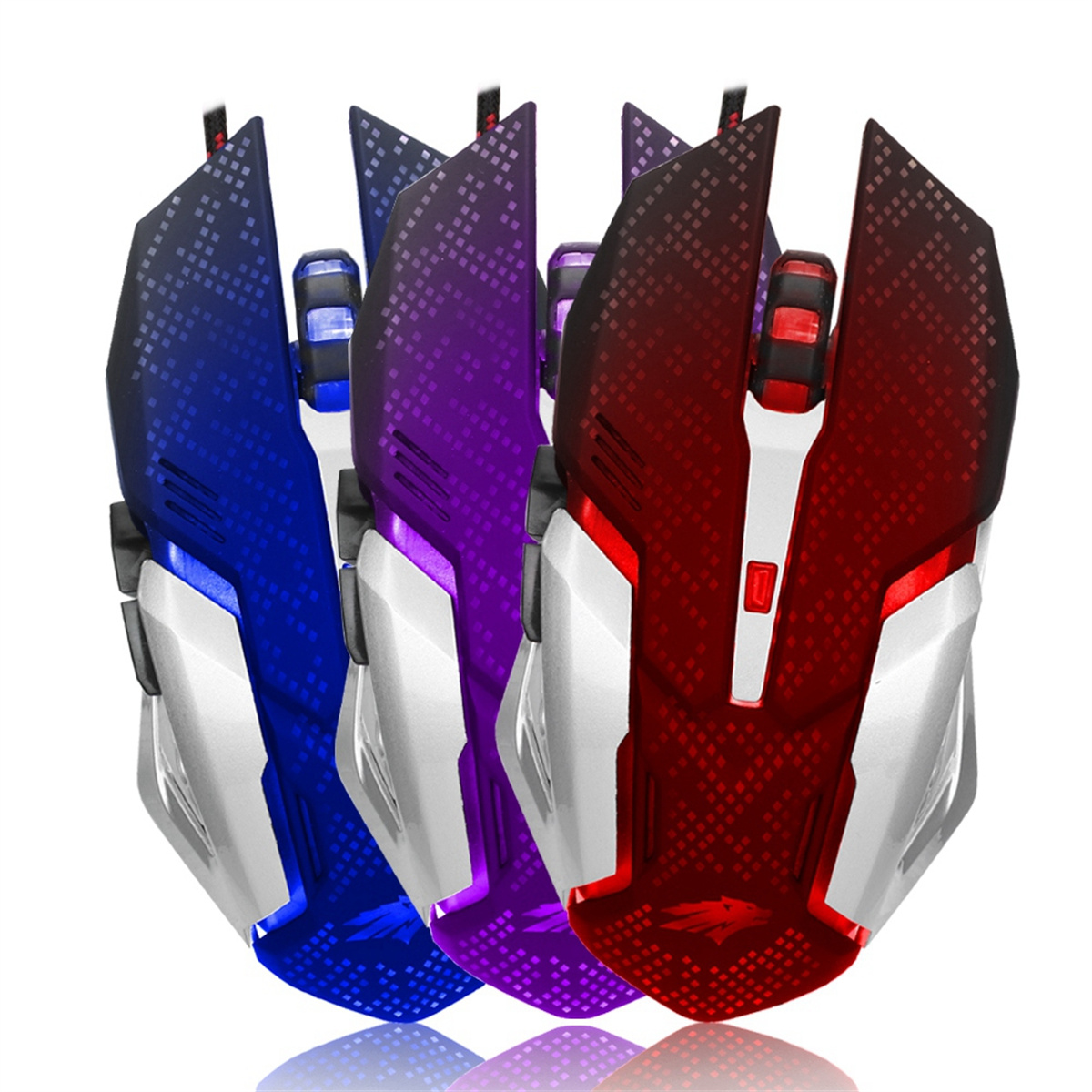 Drei Gaming-Mäuse in verschiedenen Farben: blau, lila und rot.