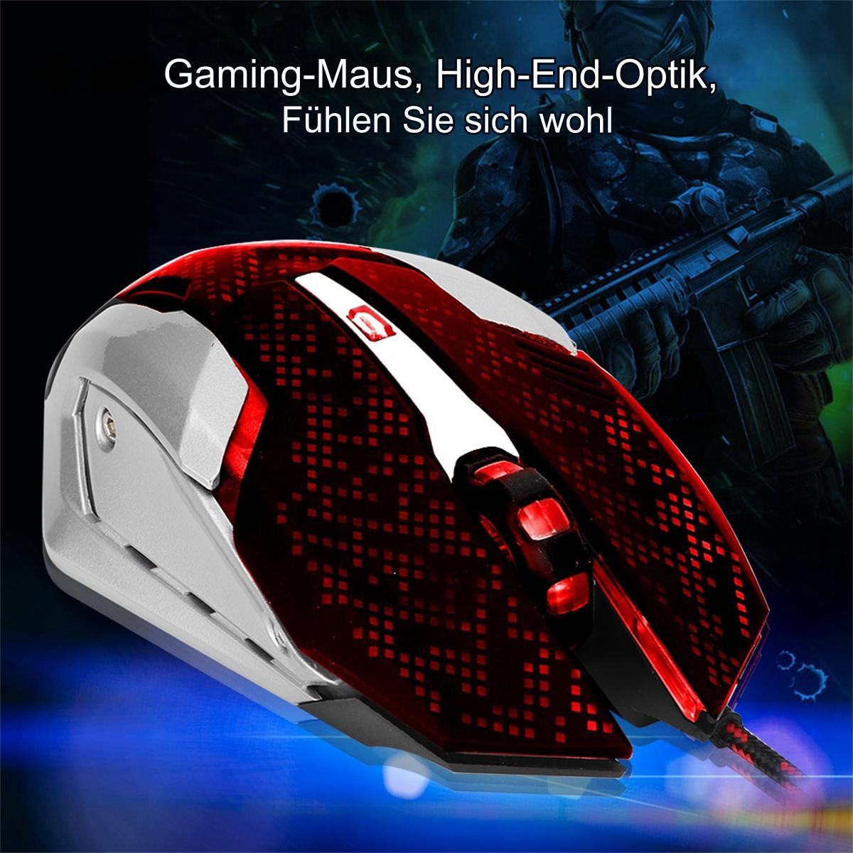 Gaming-Maus, rot und silber, mit einem schwarzen Kabel.