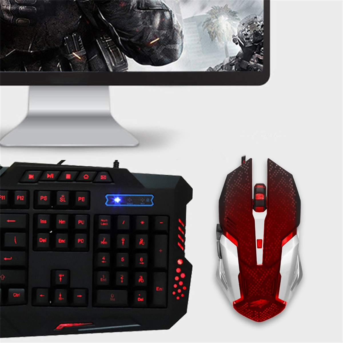 Gaming-Tastatur und -Maus. Tastatur schwarz mit roten Lichtern. Maus rot und weiß.
