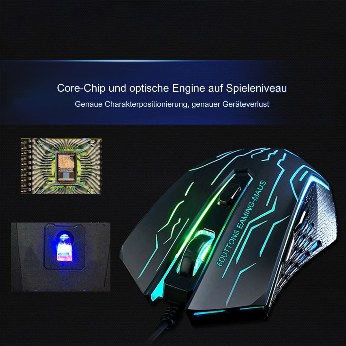 Gaming-Maus mit grünen und blauen Lichtern. Nahaufnahme der Maus mit Text.