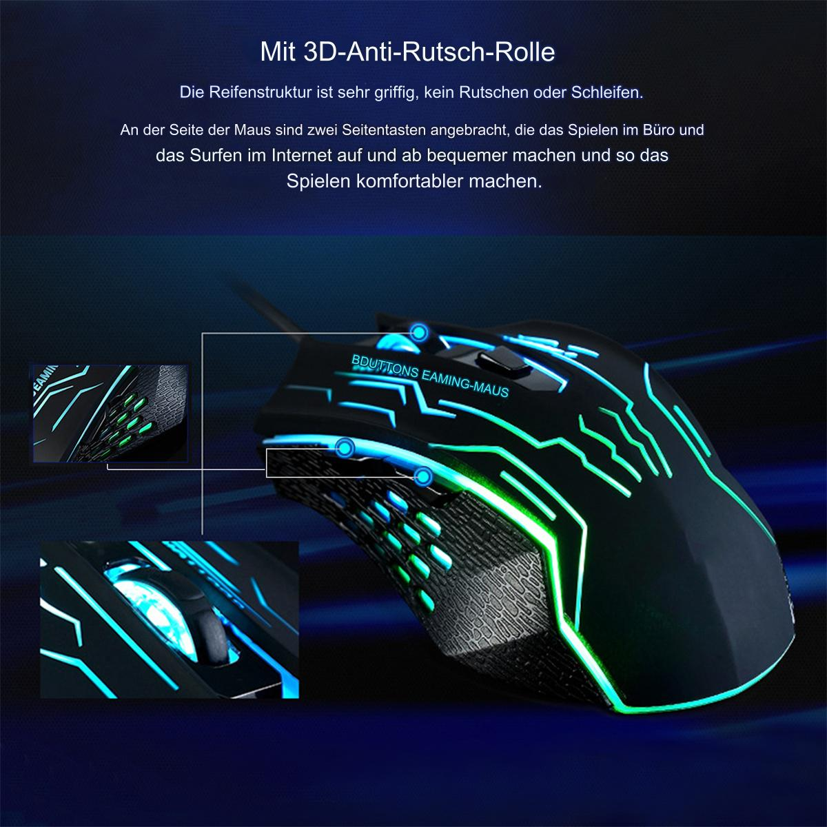 Gaming-Maus mit LED-Leuchten, schwarzem Gehäuse und beleuchteten Akzenten. Verfügt über Seitentasten und eine strukturierte Oberfläche.