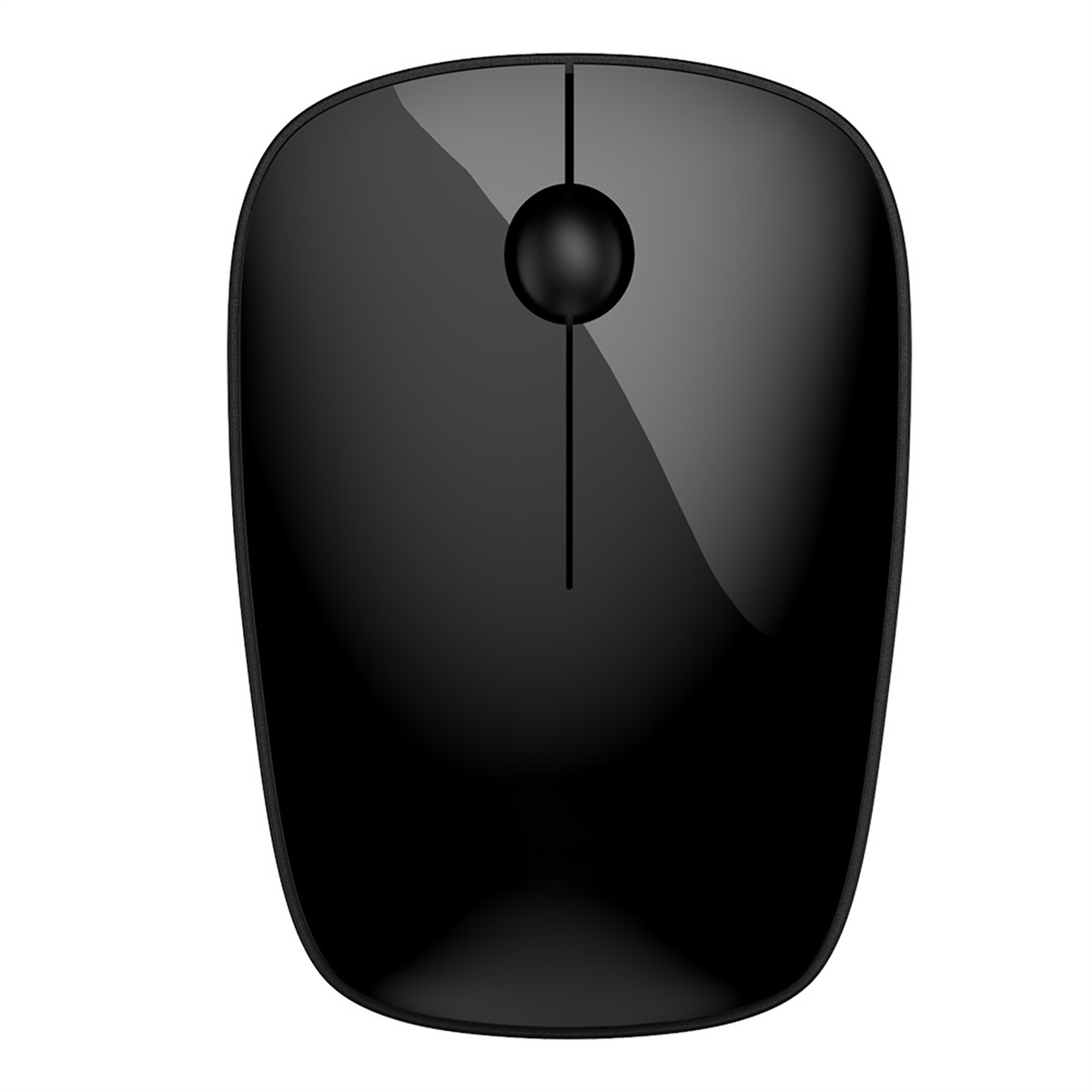Eine schwarze Computermaus mit einem einzigen Scrollrad und einer glänzenden Oberfläche.